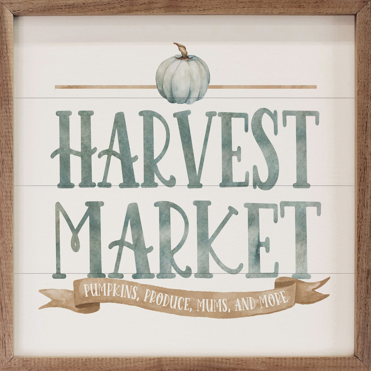 Kendrick Home Walnut Frames 4x4 Watercolor Blue Harvest Market Pumpkin White Printed and Framed Wall Sign