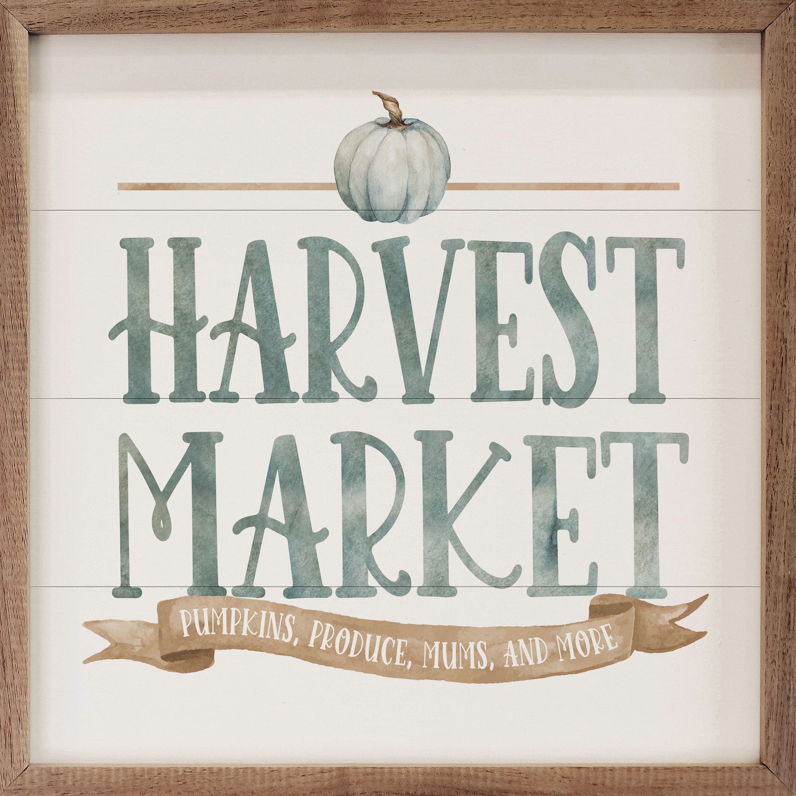 Kendrick Home Walnut Frames 4x4 Watercolor Blue Harvest Market Pumpkin White Printed and Framed Wall Sign