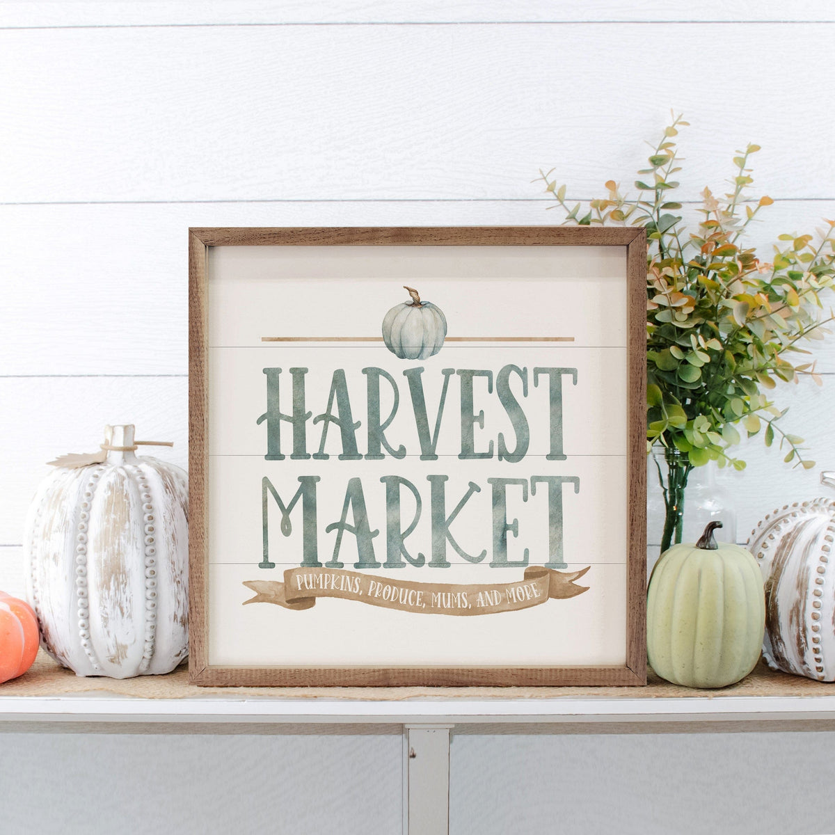 Kendrick Home Walnut Frames Watercolor Blue Harvest Market Pumpkin White Printed and Framed Wall Sign