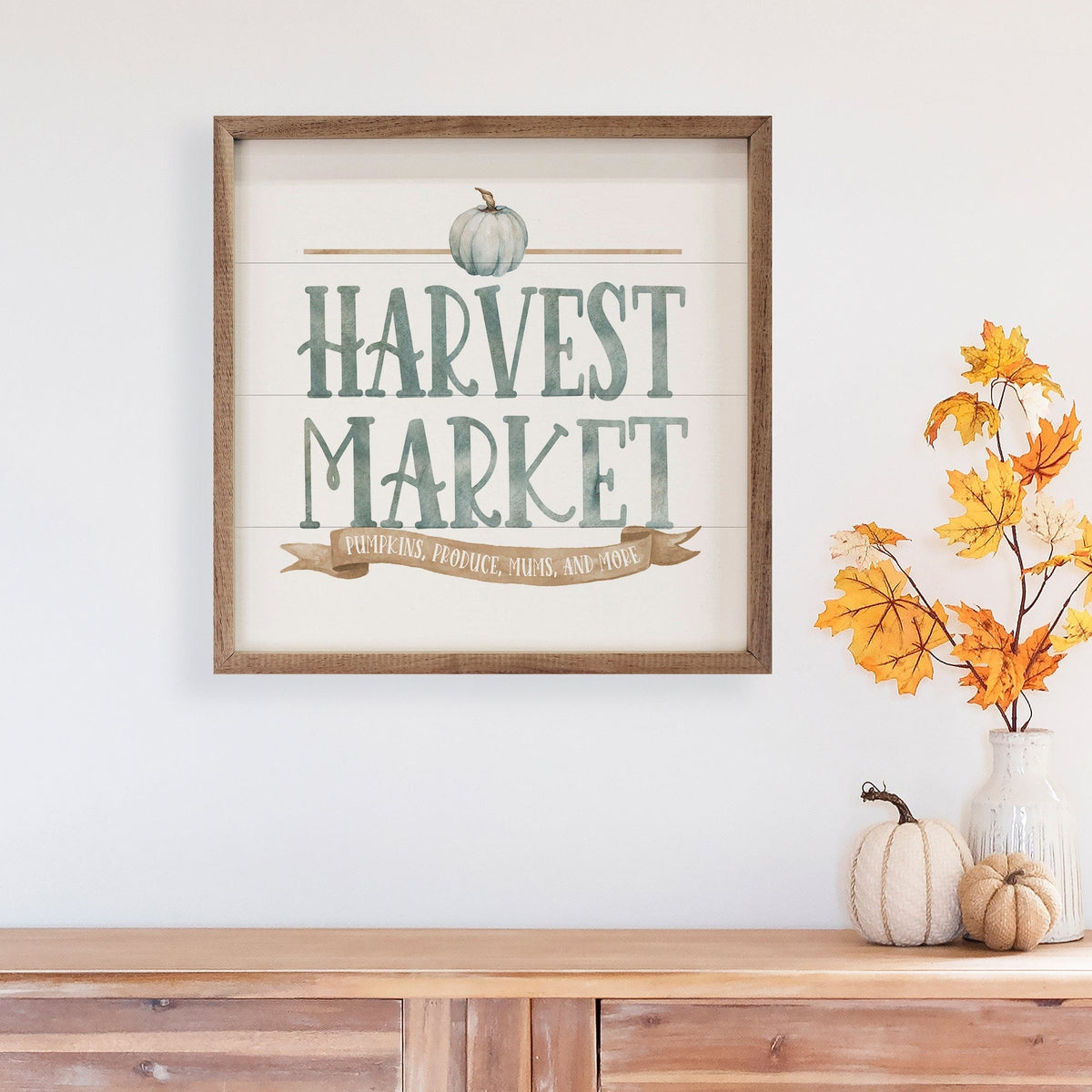 Kendrick Home Walnut Frames Watercolor Blue Harvest Market Pumpkin White Printed and Framed Wall Sign