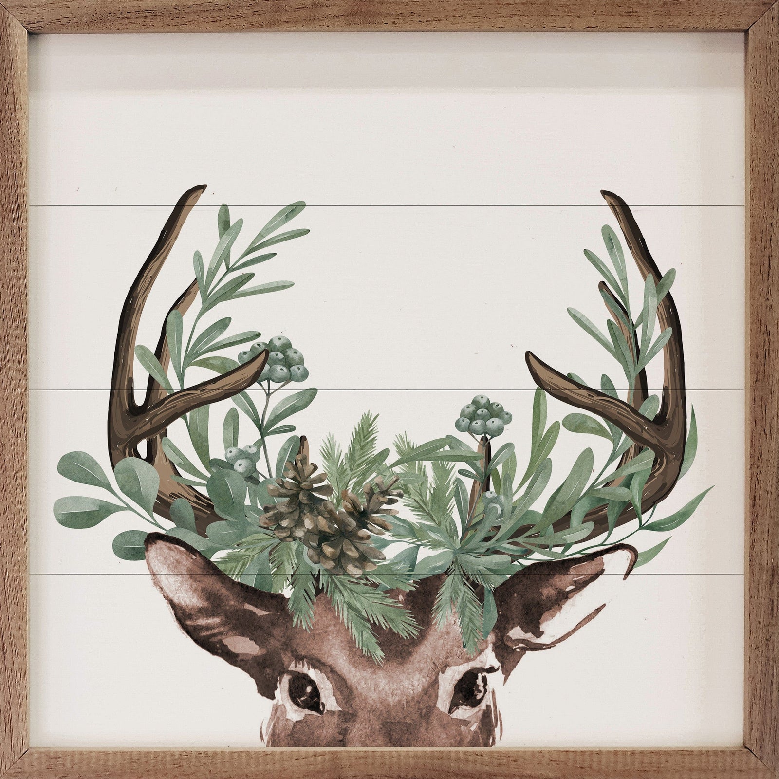 Kendrick Home Walnut Frames 4x4 Watercolor Christmas Deer Printed and Framed Wall Sign