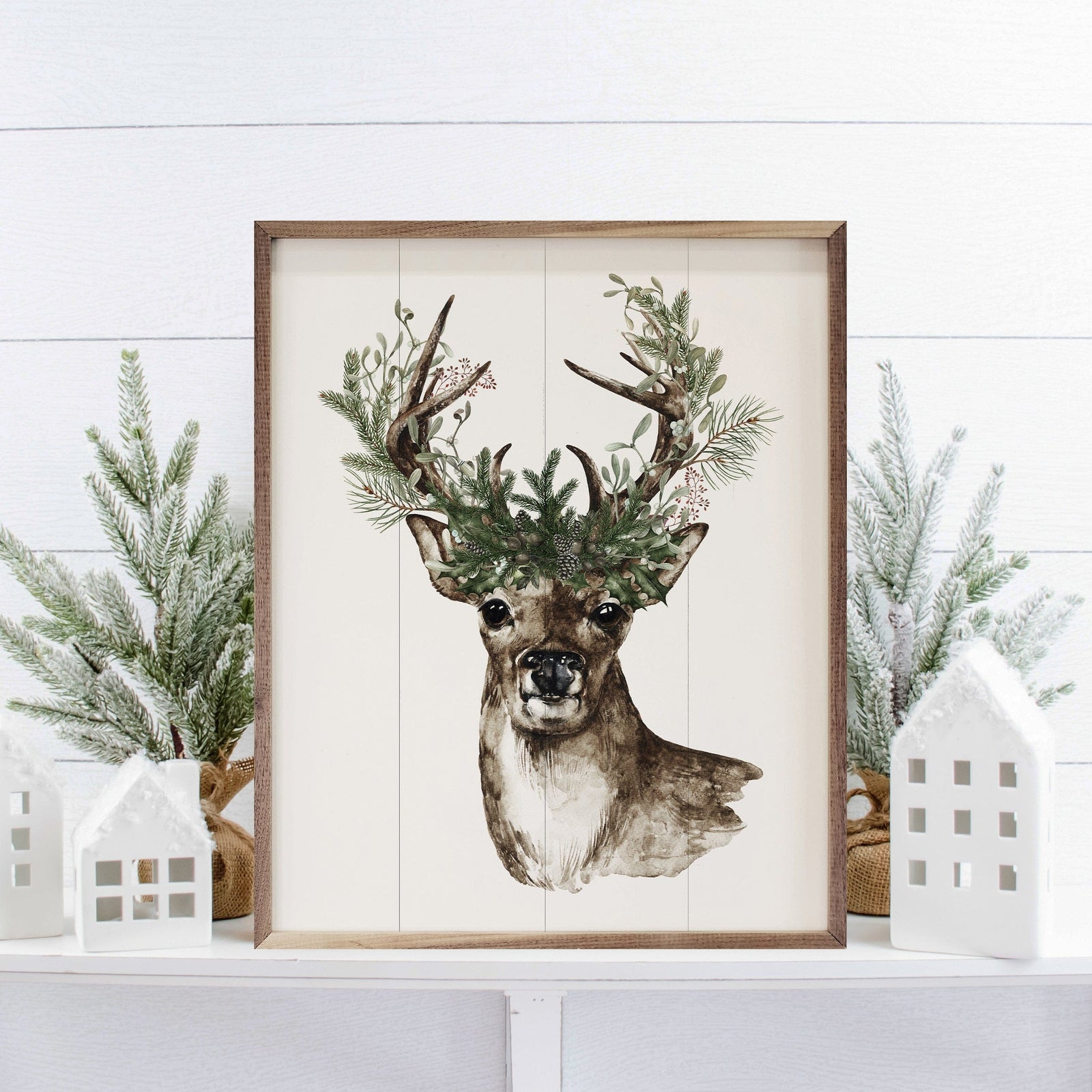 Kendrick Home Walnut Frames 8x10 Watercolor Deer Pine Antlers Printed and Framed Wall Sign