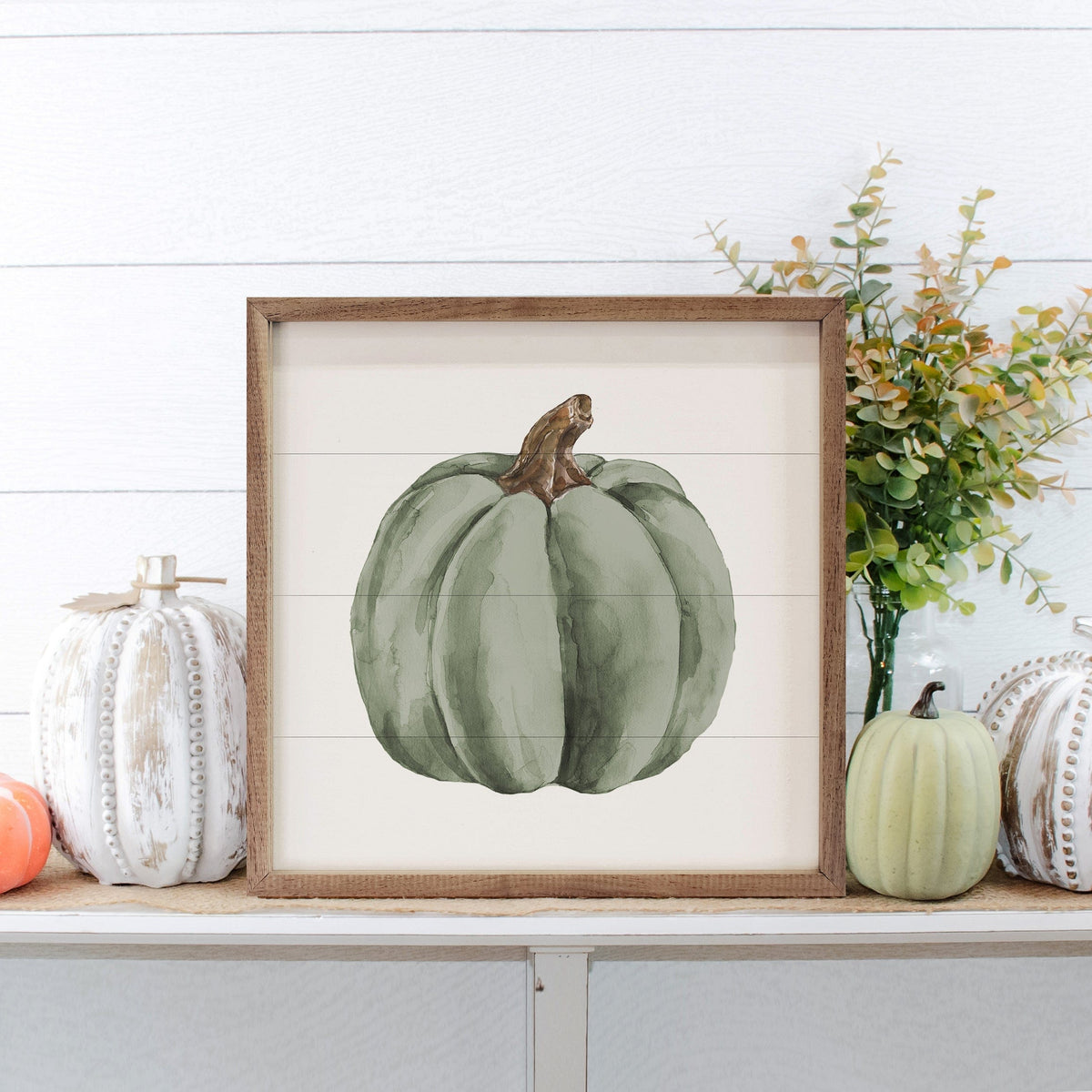 Kendrick Home Walnut Frames Watercolor Green Pumpkin Printed and Framed Wall Sign