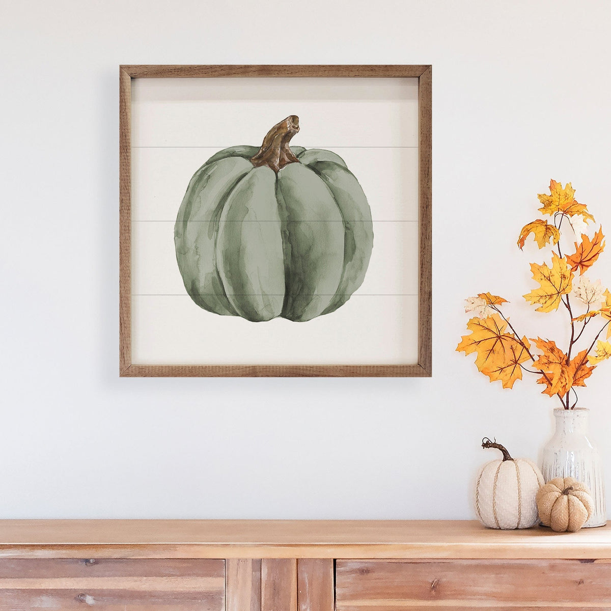 Kendrick Home Walnut Frames Watercolor Green Pumpkin Printed and Framed Wall Sign