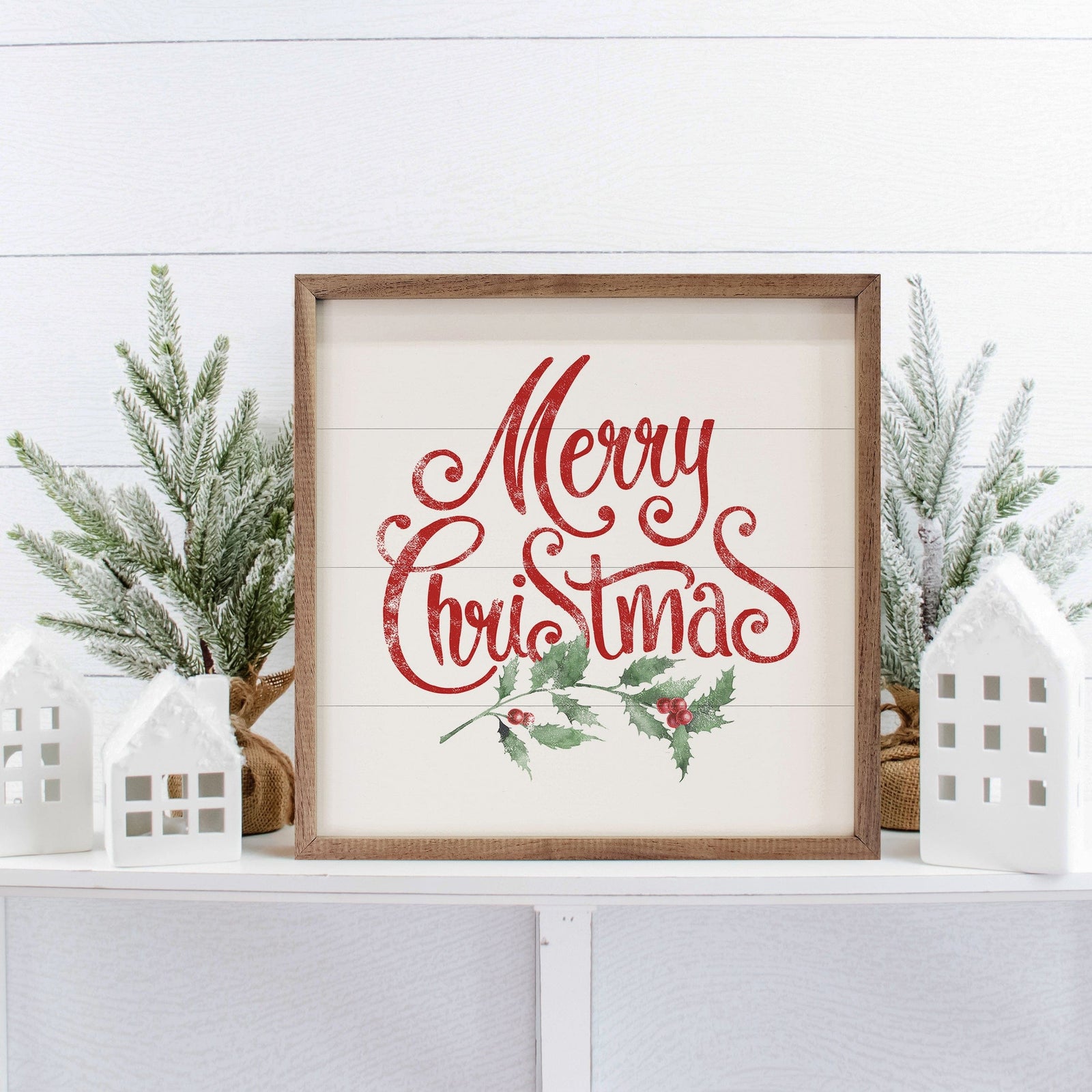 Kendrick Home Walnut Frames 4x4 Watercolor Merry Christmas Holly Printed and Framed Wall Sign