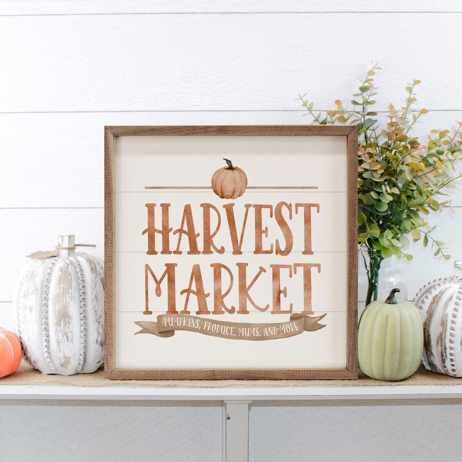 Kendrick Home Walnut Frames 4x4 Watercolor Orange Harvest Market Pumpkin White Printed and Framed Wall Sign