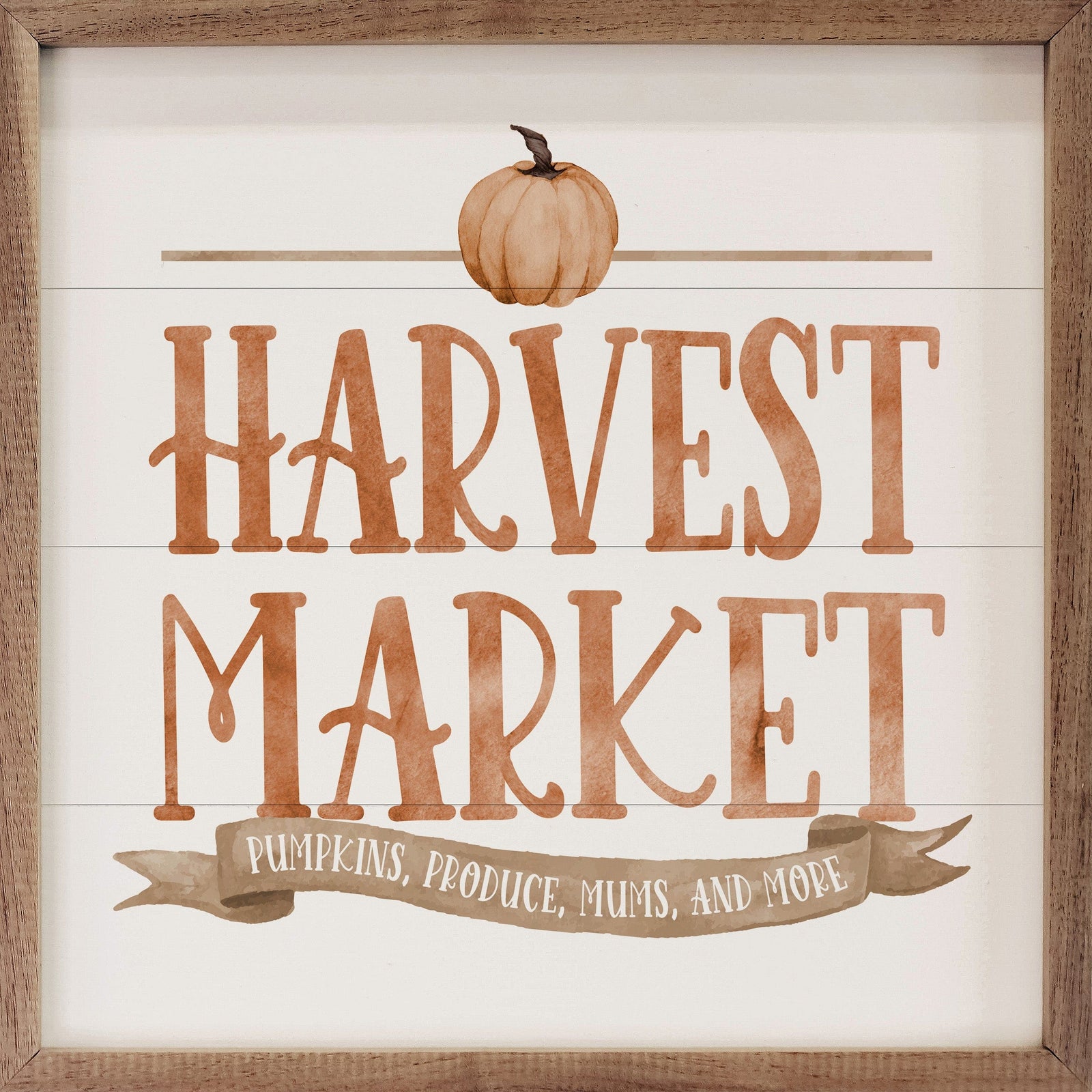 Kendrick Home Walnut Frames 4x4 Watercolor Orange Harvest Market Pumpkin White Printed and Framed Wall Sign