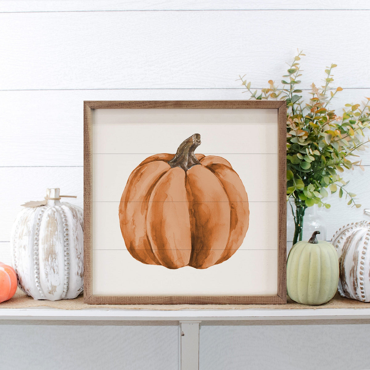 Kendrick Home Walnut Frames Watercolor Orange Pumpkin Printed and Framed Wall Sign