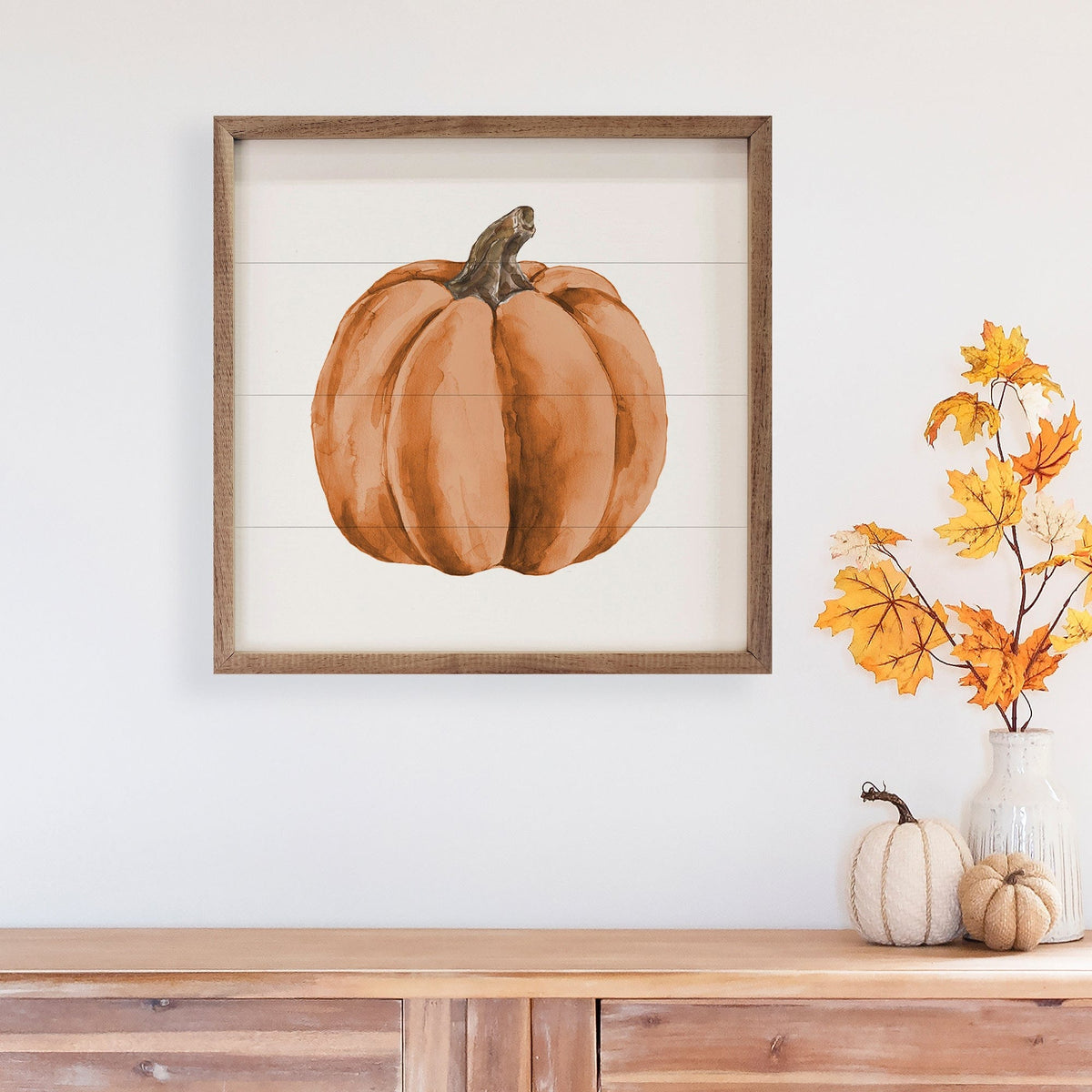Kendrick Home Walnut Frames Watercolor Orange Pumpkin Printed and Framed Wall Sign