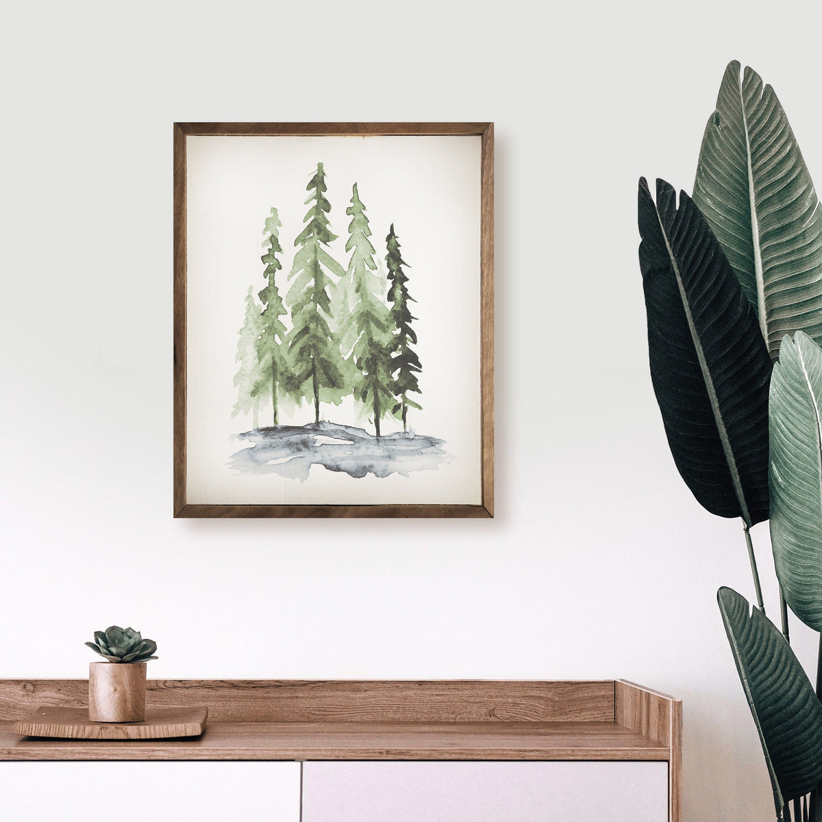 Kendrick Home Walnut Frames Watercolor Pines Printed and Framed Wall Sign