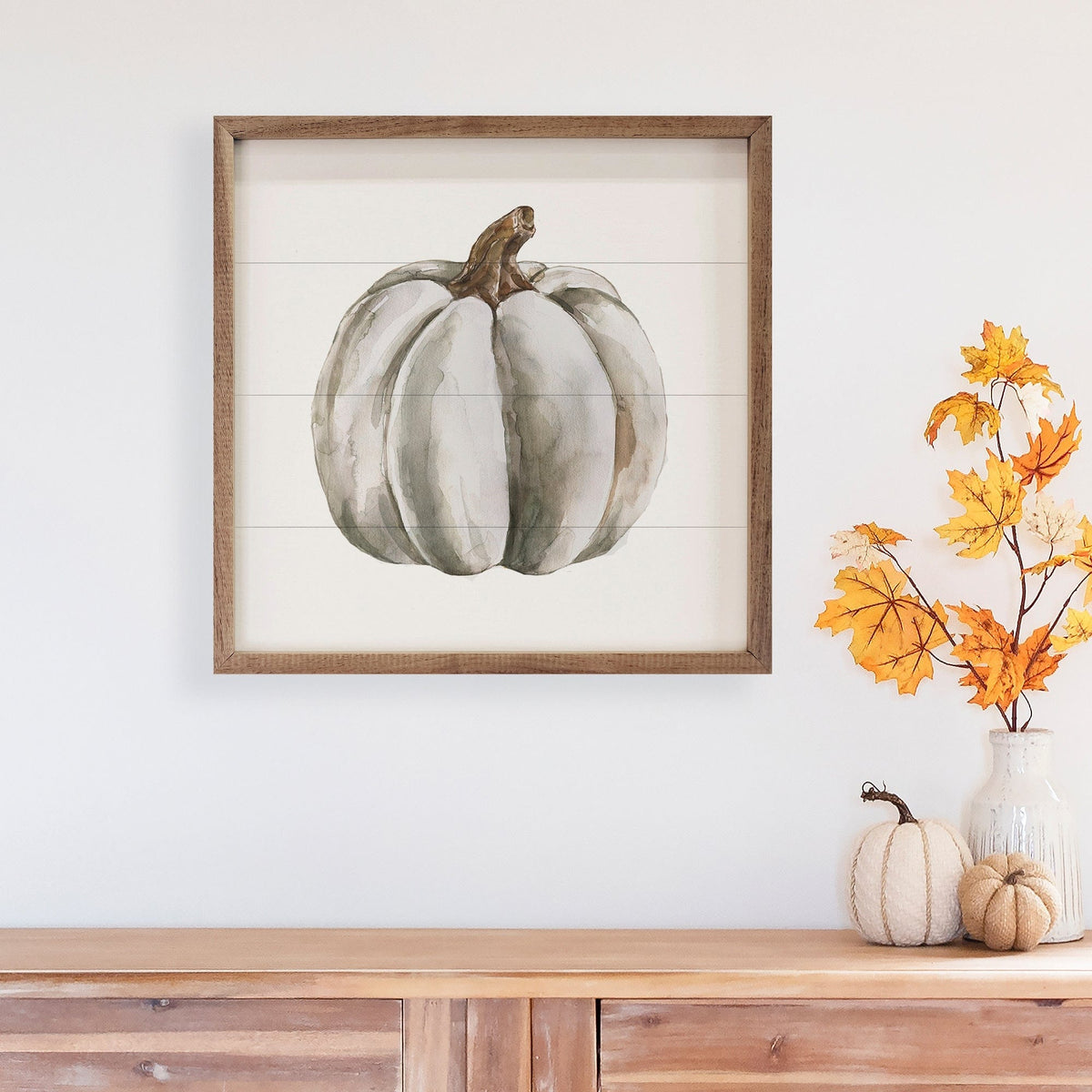 Kendrick Home Walnut Frames Watercolor White Pumpkin Printed and Framed Wall Sign