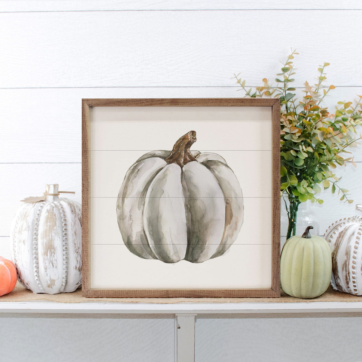 Kendrick Home Walnut Frames Watercolor White Pumpkin Printed and Framed Wall Sign