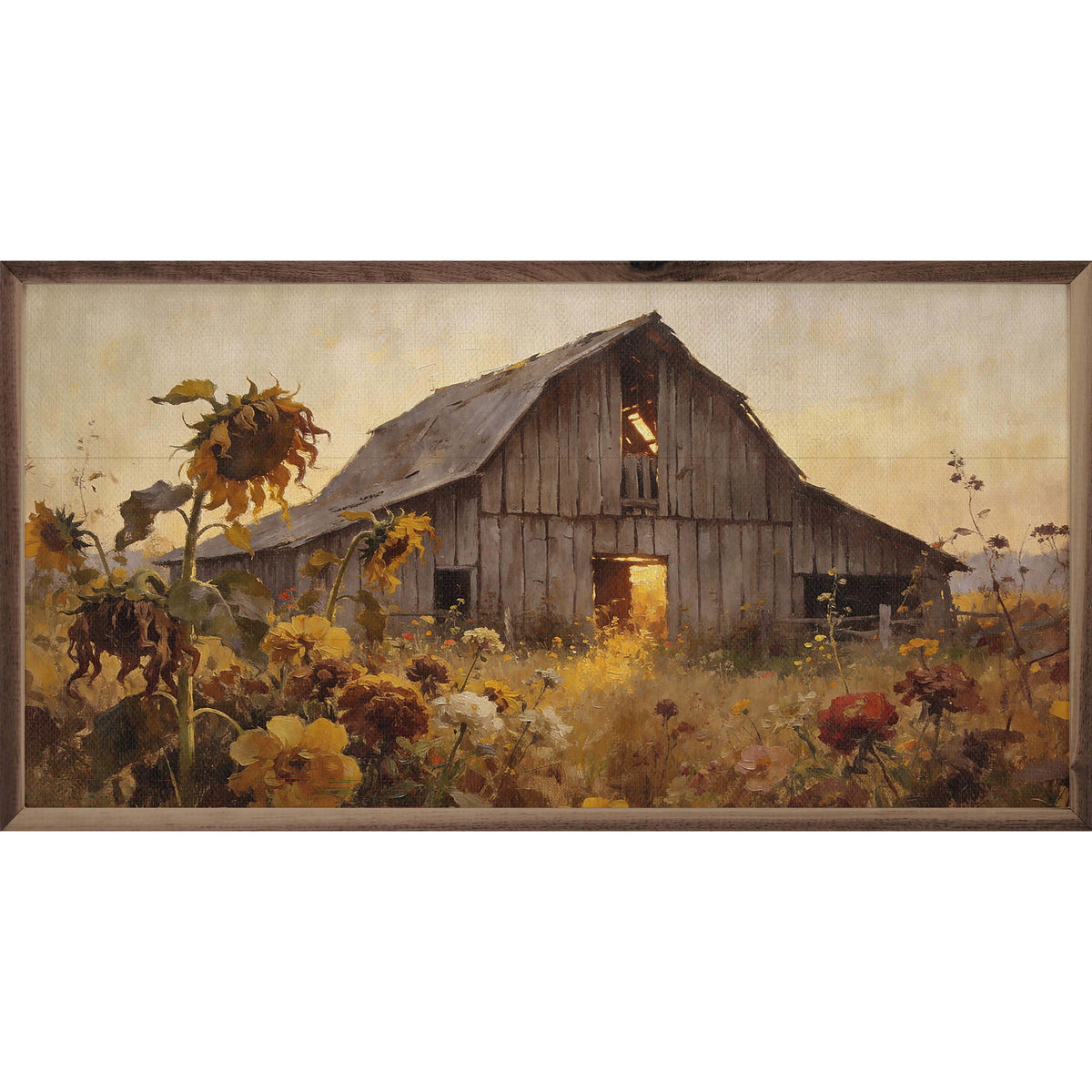 Kendrick Home Walnut Frames 16x8 Weathered Barn In Sunflower Autumn Field Printed and Framed Wall Sign