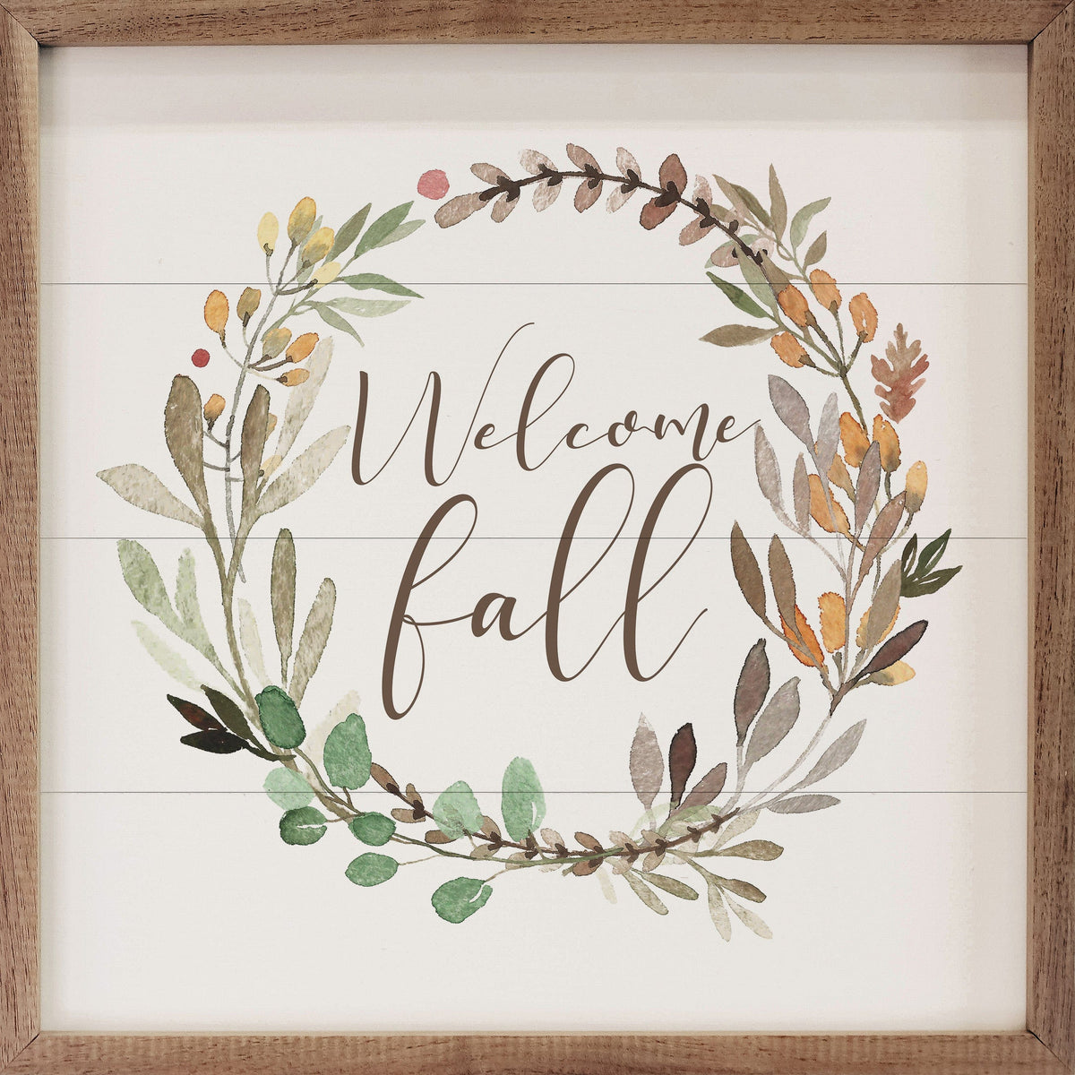 Kendrick Home Walnut Frames 4x4 Welcome Fall Wreath White Printed and Framed Wall Sign
