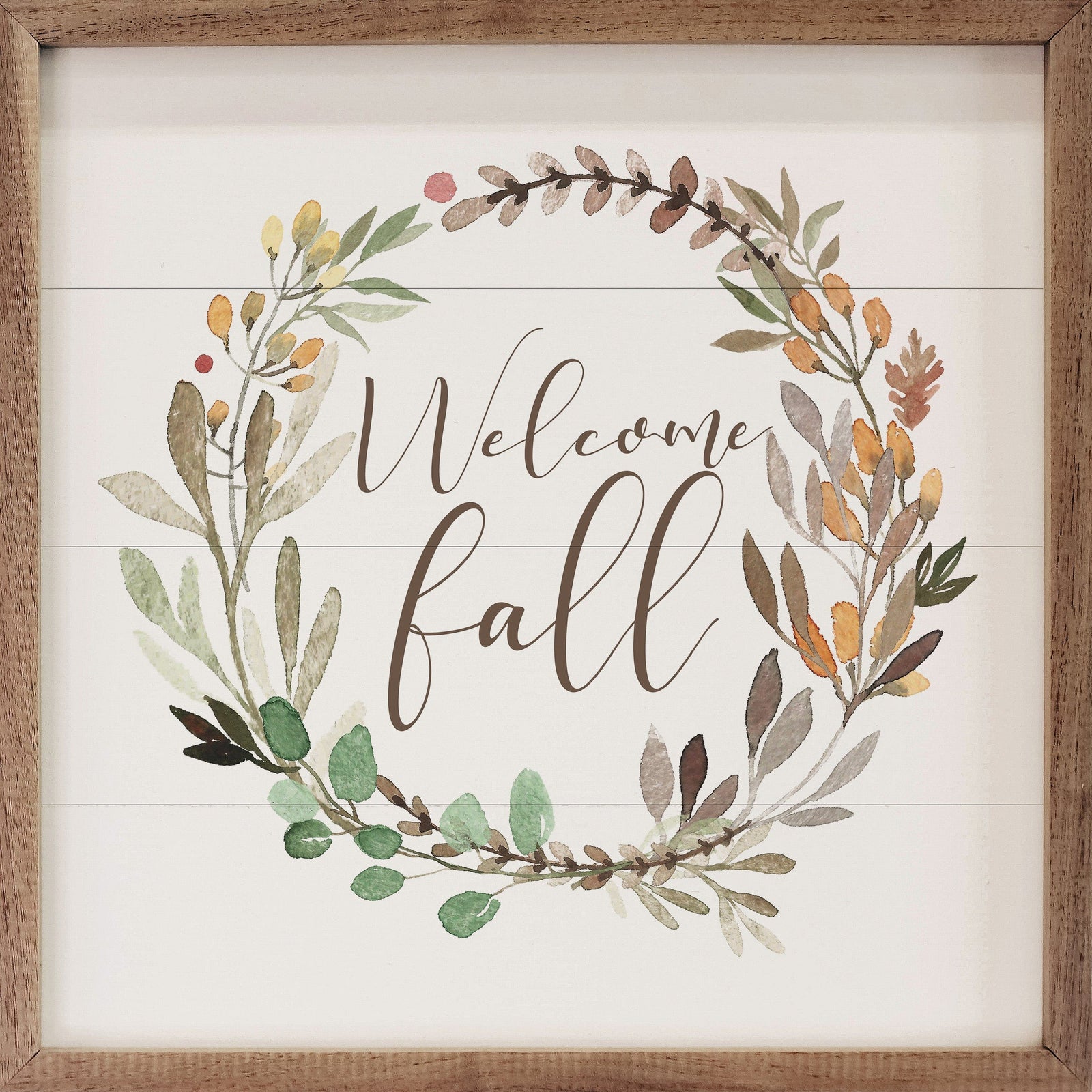 Kendrick Home Walnut Frames 4x4 Welcome Fall Wreath White Printed and Framed Wall Sign