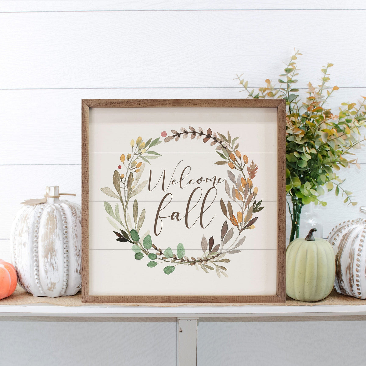 Kendrick Home Walnut Frames Welcome Fall Wreath White Printed and Framed Wall Sign