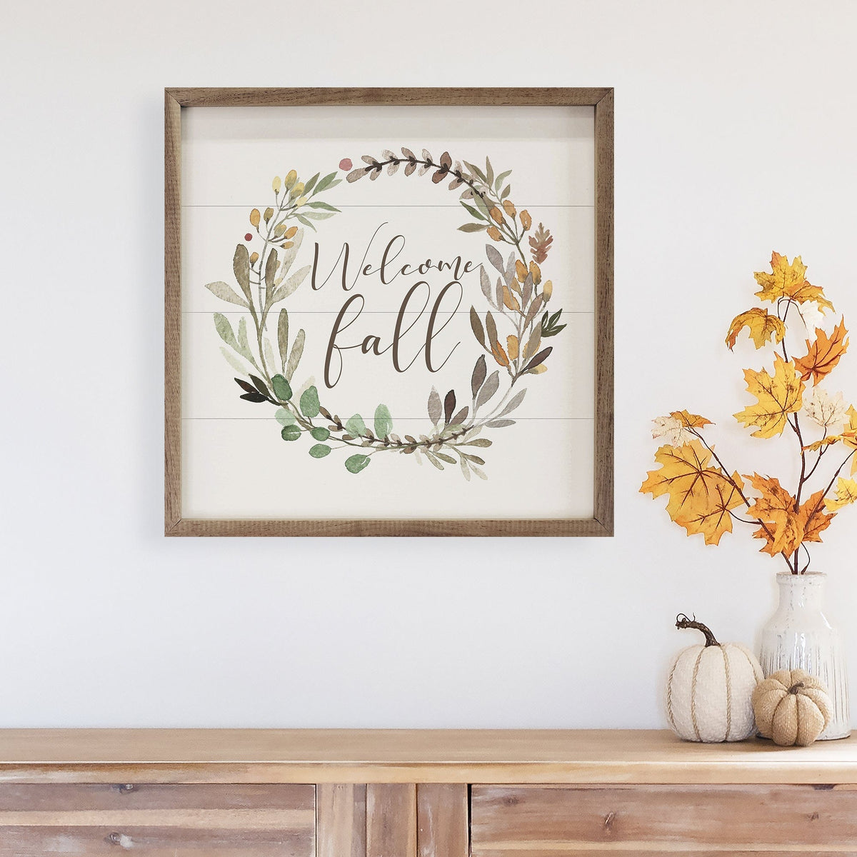 Kendrick Home Walnut Frames Welcome Fall Wreath White Printed and Framed Wall Sign
