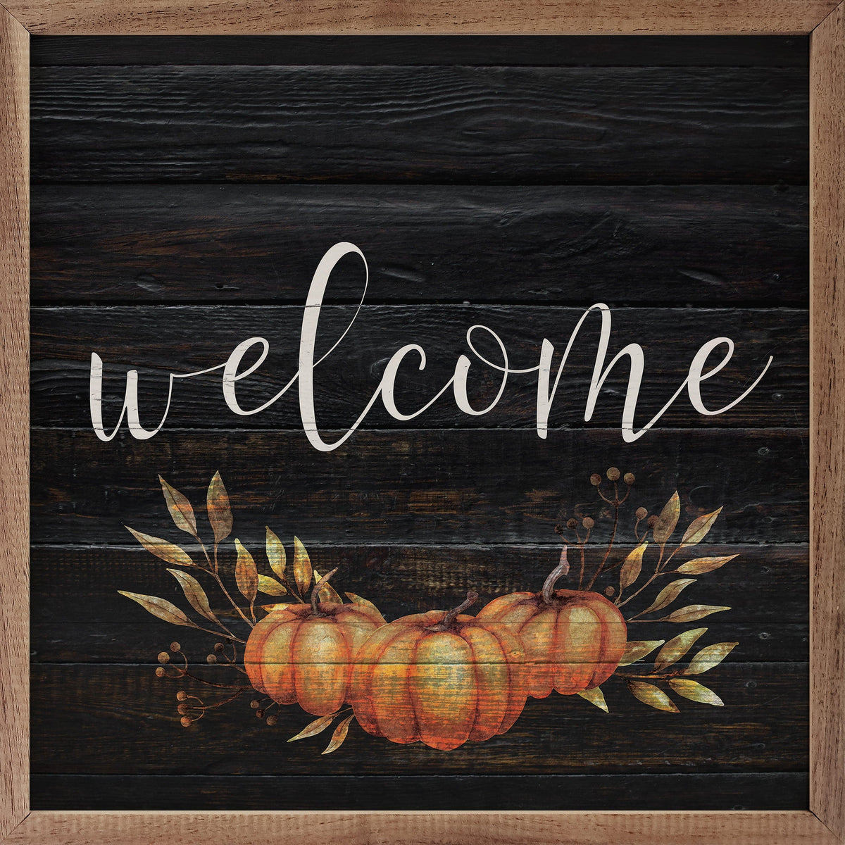Kendrick Home Walnut Frames 4x4 Welcome Pumpkin Black Printed and Framed Wall Sign