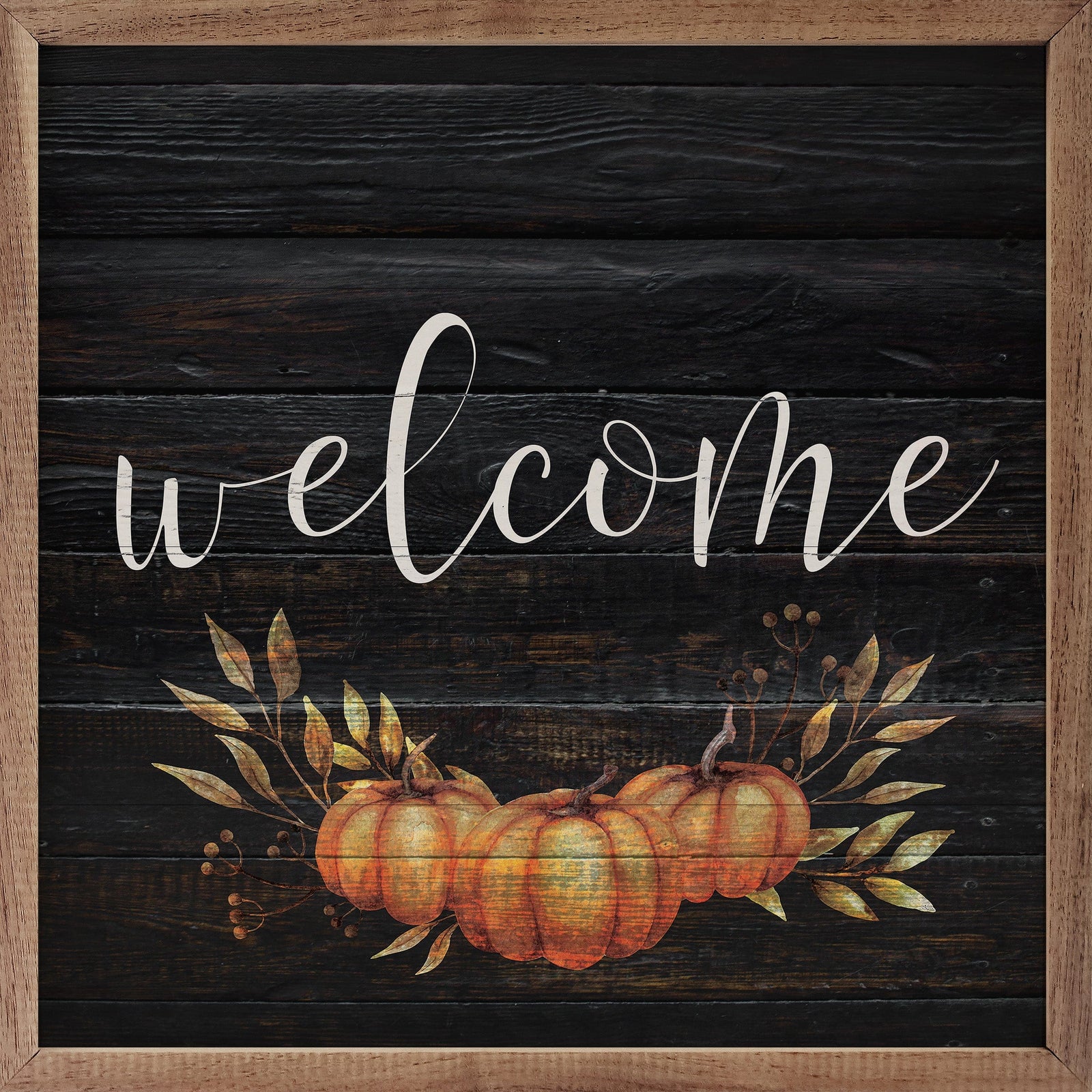 Kendrick Home Walnut Frames 4x4 Welcome Pumpkin Black Printed and Framed Wall Sign