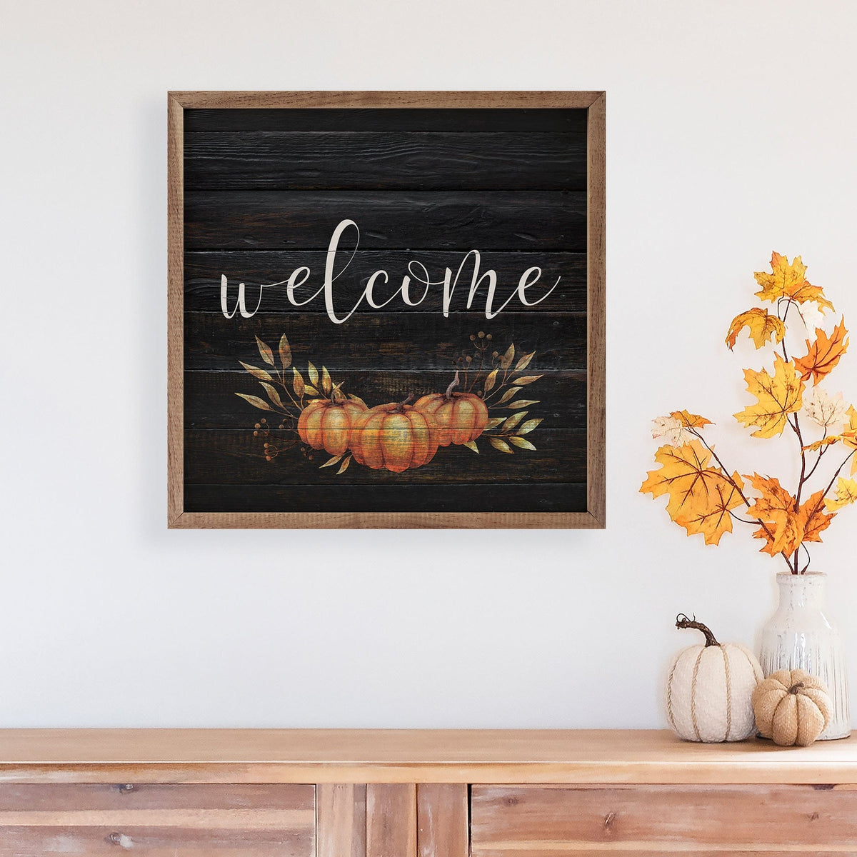 Kendrick Home Walnut Frames Welcome Pumpkin Black Printed and Framed Wall Sign