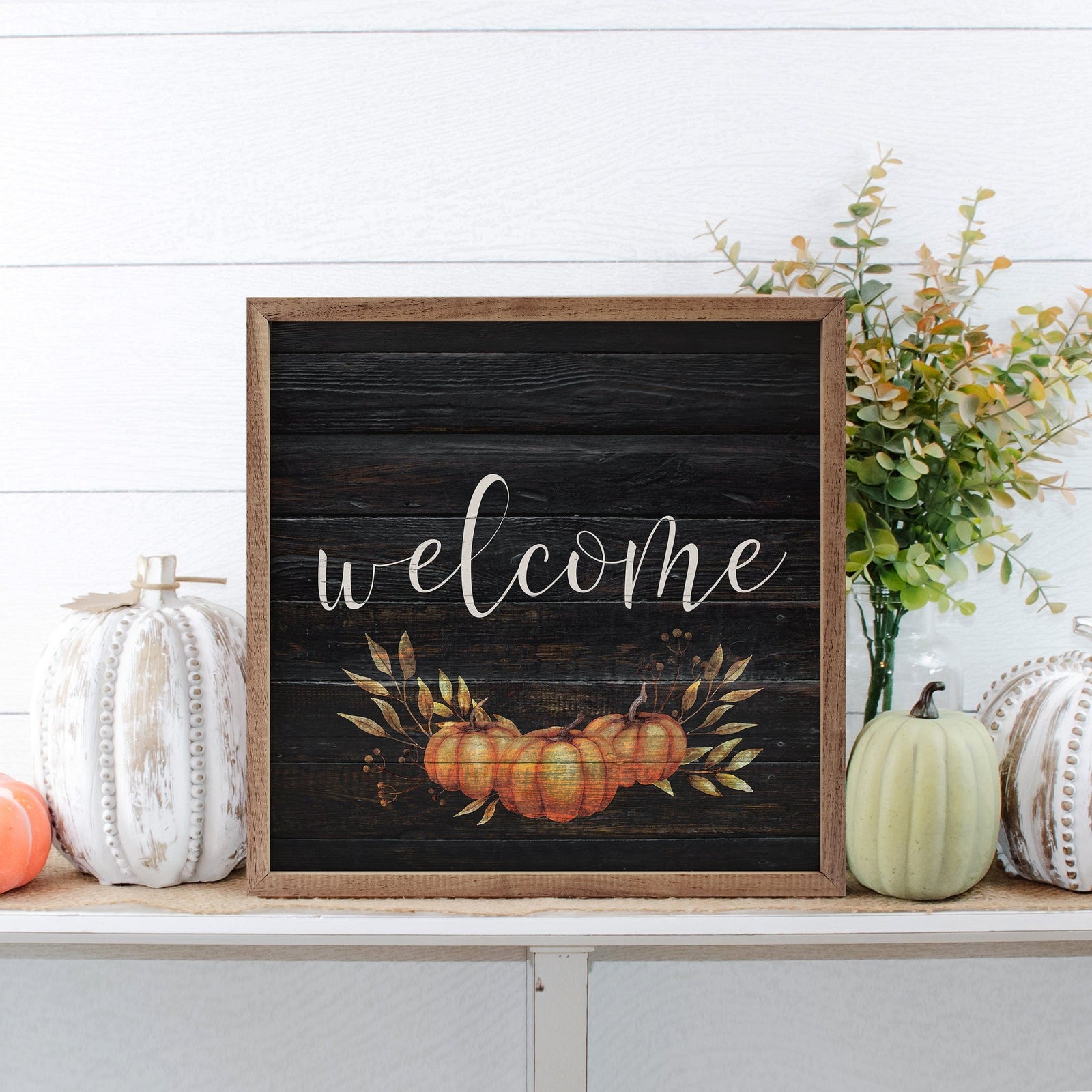 Kendrick Home Walnut Frames 4x4 Welcome Pumpkin Black Printed and Framed Wall Sign
