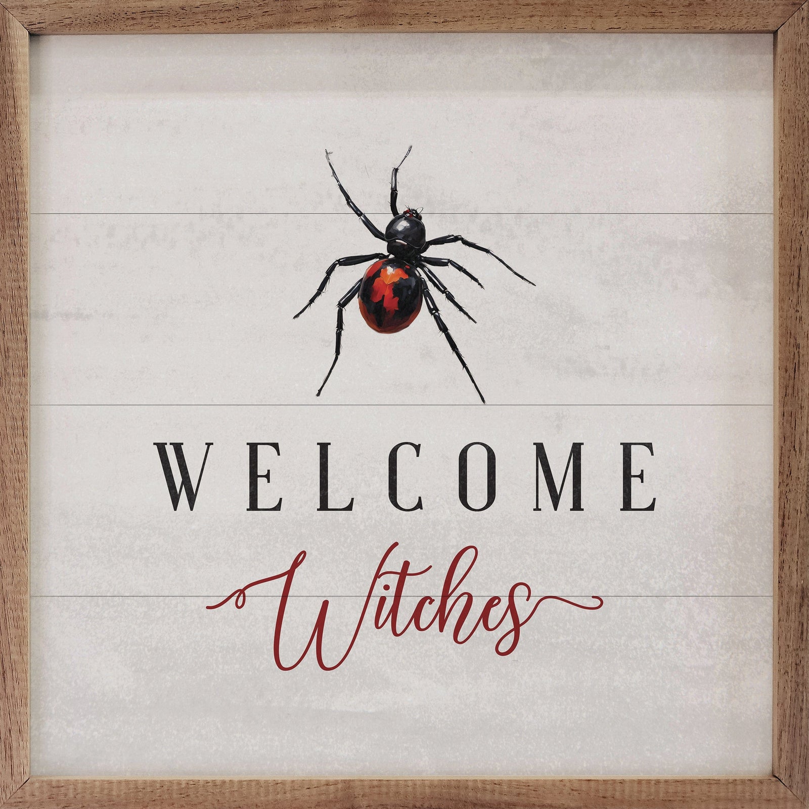 Kendrick Home Walnut Frames 4x4 Welcome Witches Spider White Printed and Framed Wall Sign