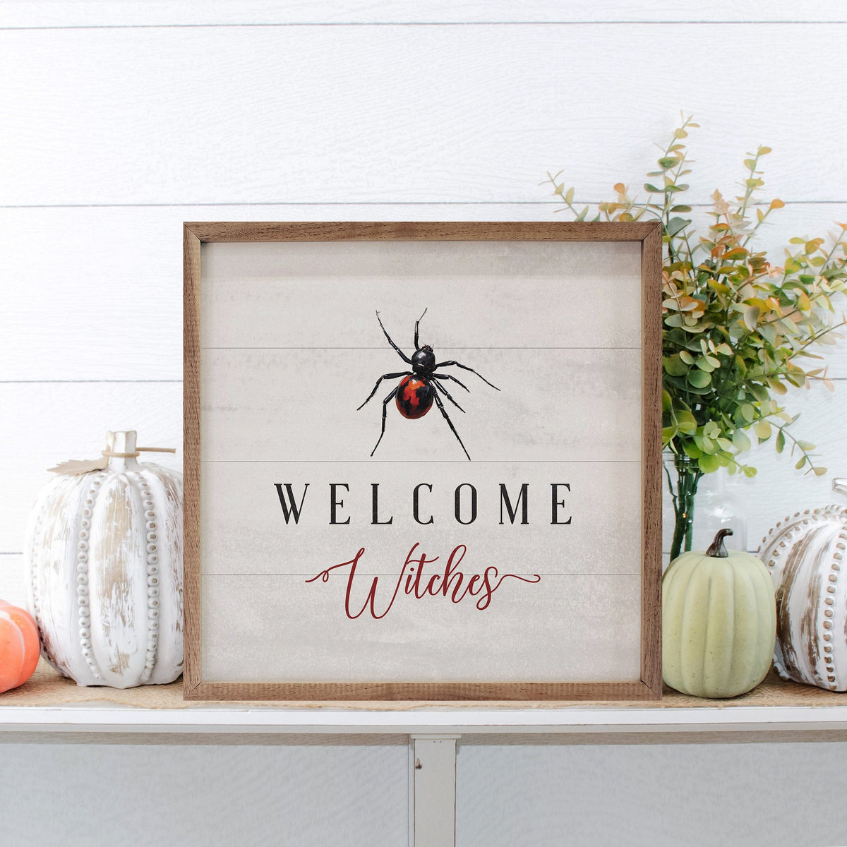 Kendrick Home Walnut Frames Welcome Witches Spider White Printed and Framed Wall Sign
