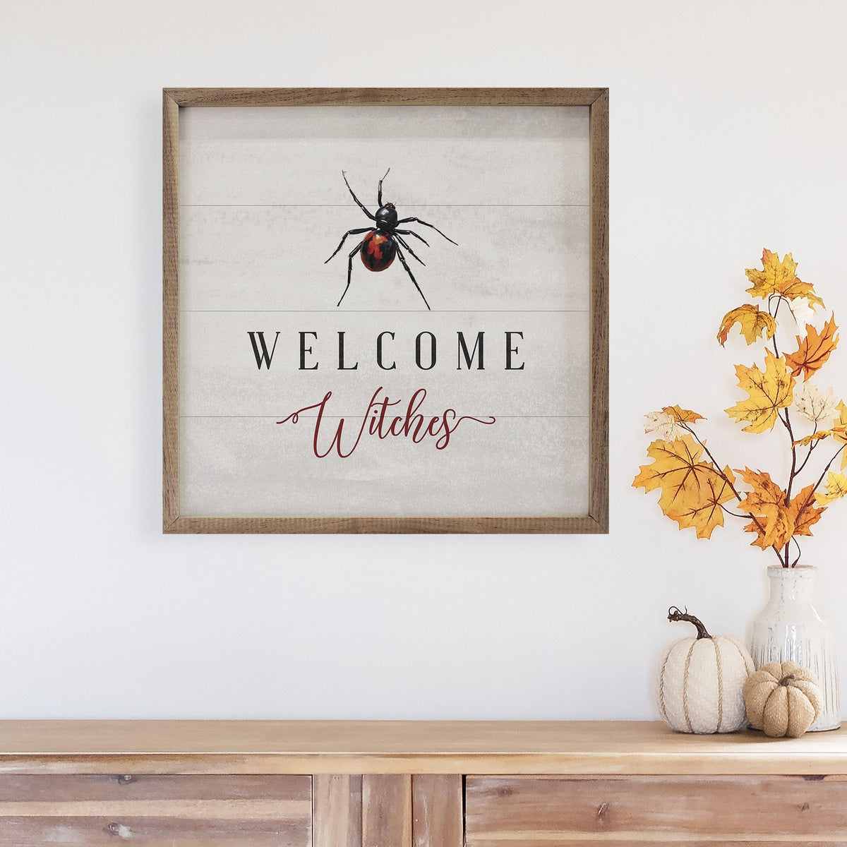 Kendrick Home Walnut Frames Welcome Witches Spider White Printed and Framed Wall Sign