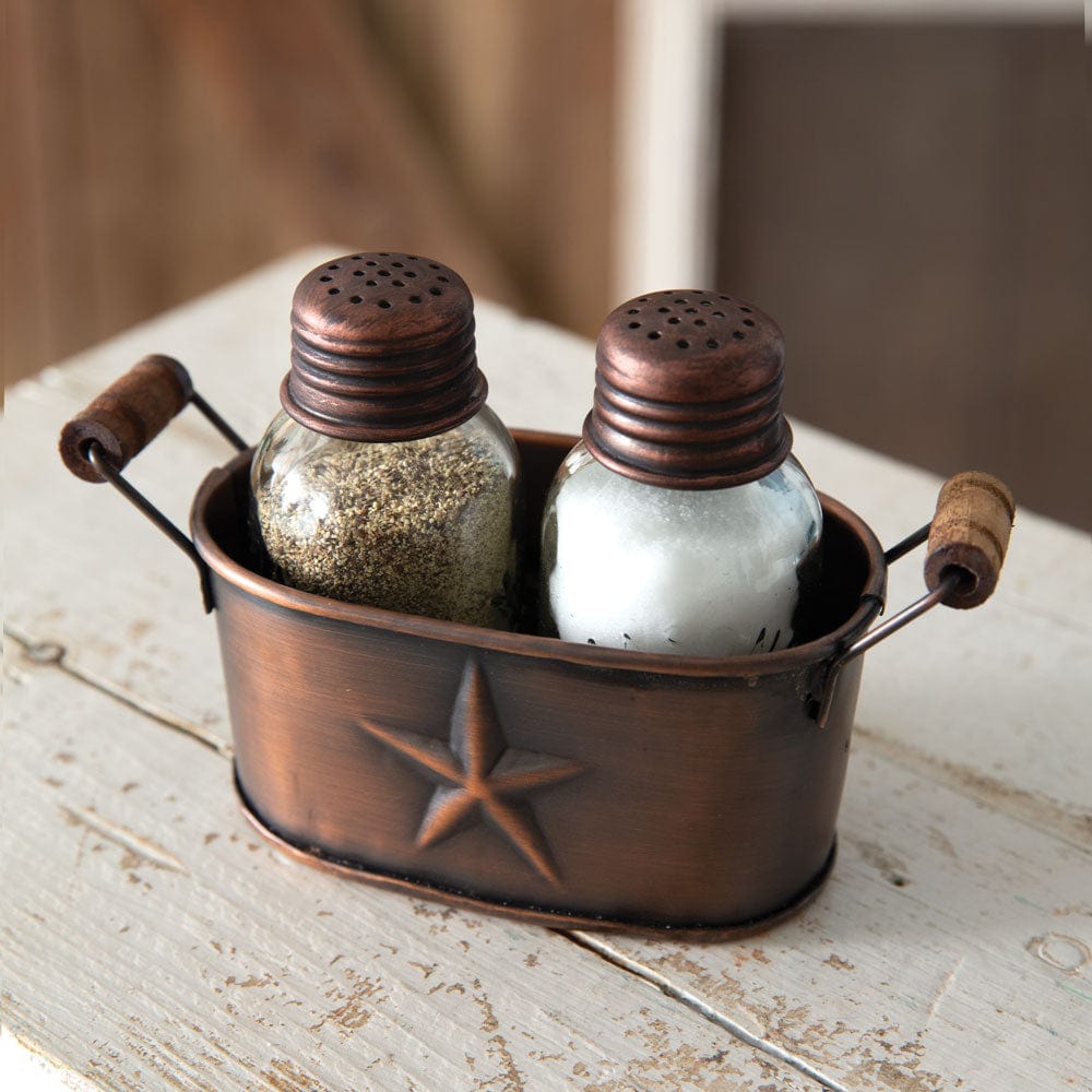 Western Star in Copper Color Salt &amp; Pepper Shakers With Caddy