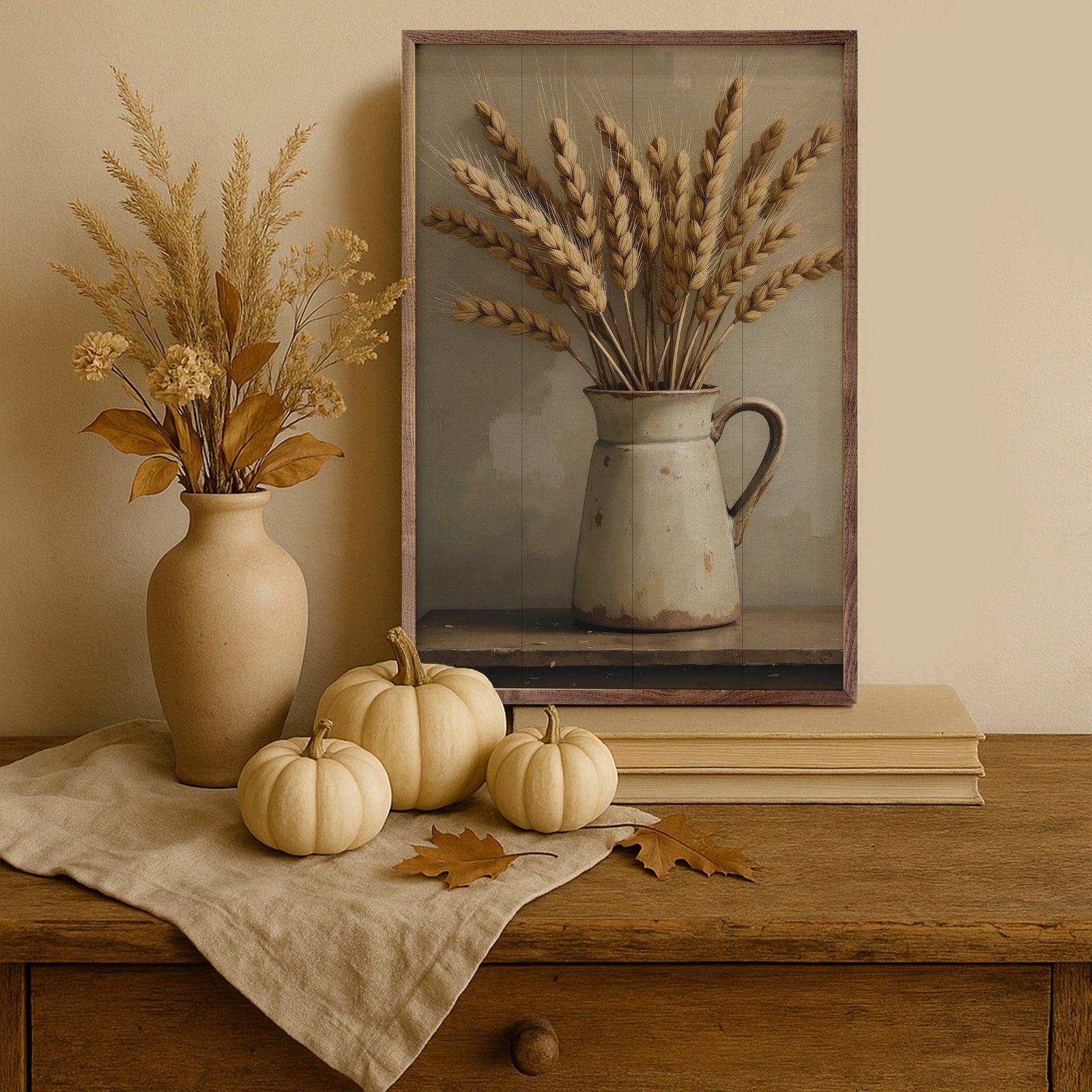 Kendrick Home Walnut Frames 5x8 Wheat In White Vase Printed and Framed Wall Sign