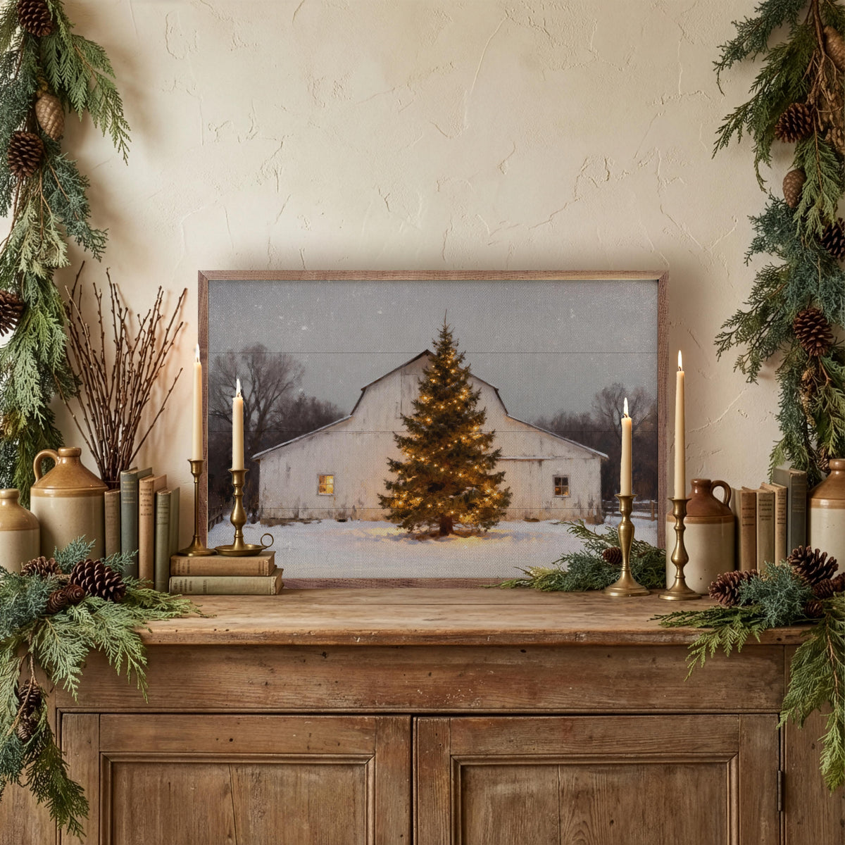 Kendrick Home Walnut Frames White Barn And Holiday Tree Printed and Framed Wall Sign