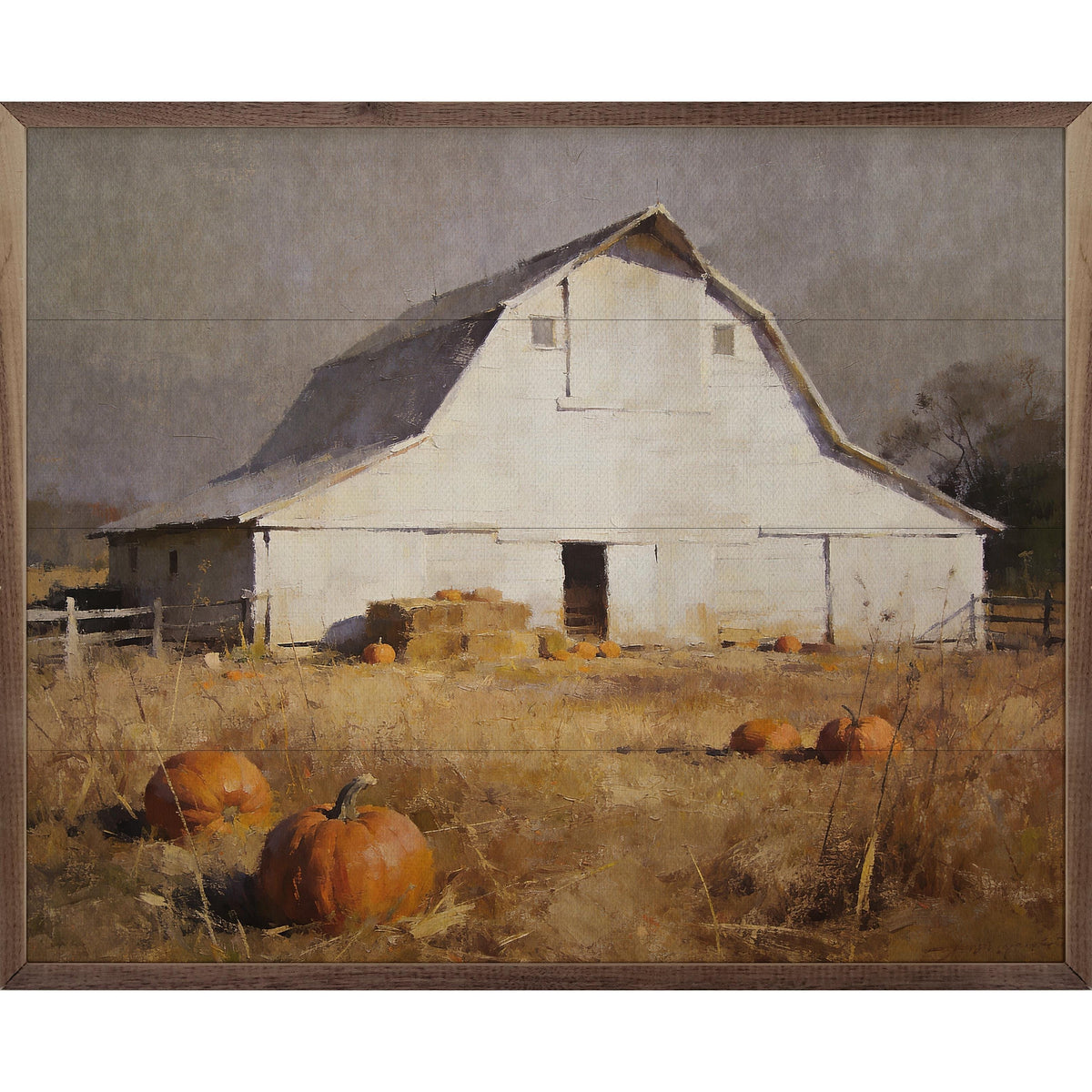 Kendrick Home Walnut Frames 10x8 White Barn In Golden Pumpkin Pasture Printed and Framed Wall Sign