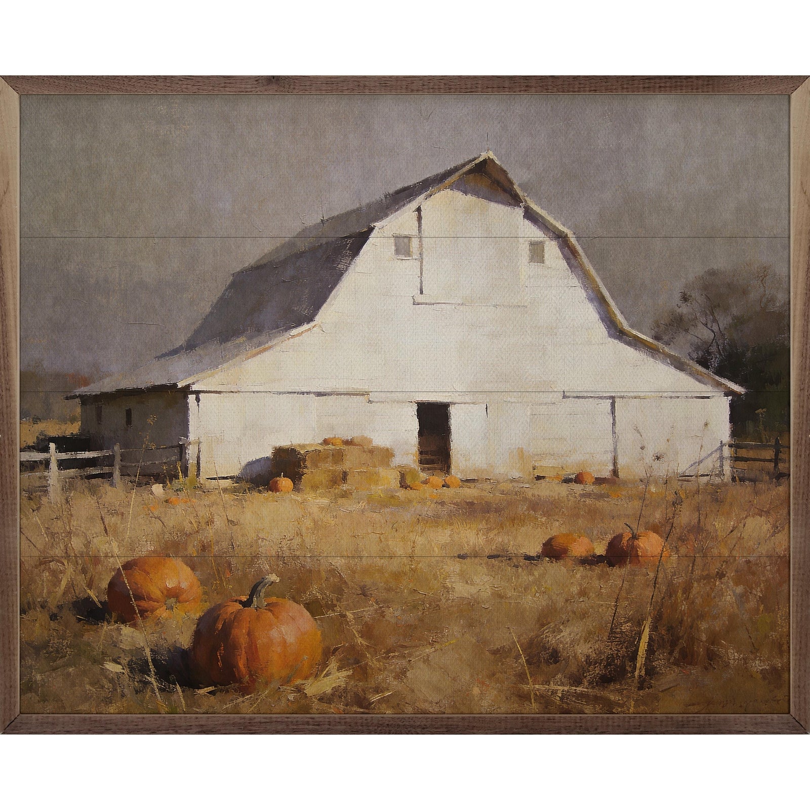 Kendrick Home Walnut Frames 10x8 White Barn In Golden Pumpkin Pasture Printed and Framed Wall Sign