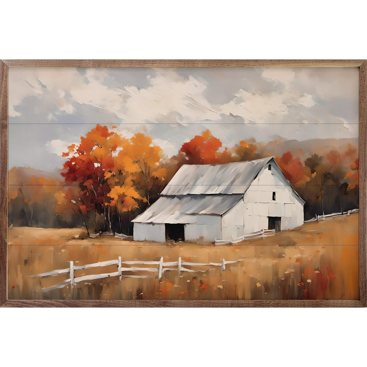 Kendrick Home Walnut Frames White Barn With White Fence Printed and Framed Wall Sign