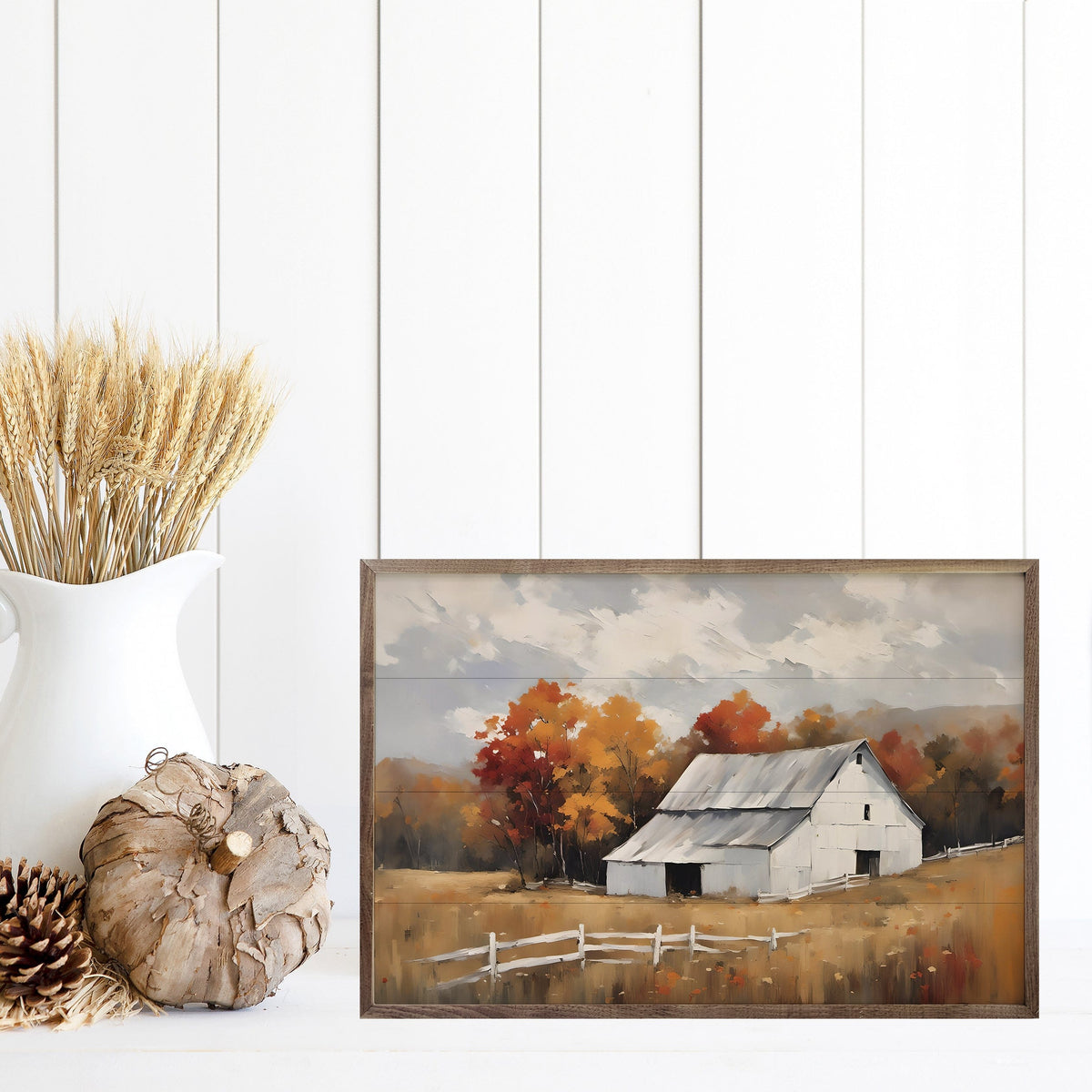 Kendrick Home Walnut Frames White Barn With White Fence Printed and Framed Wall Sign