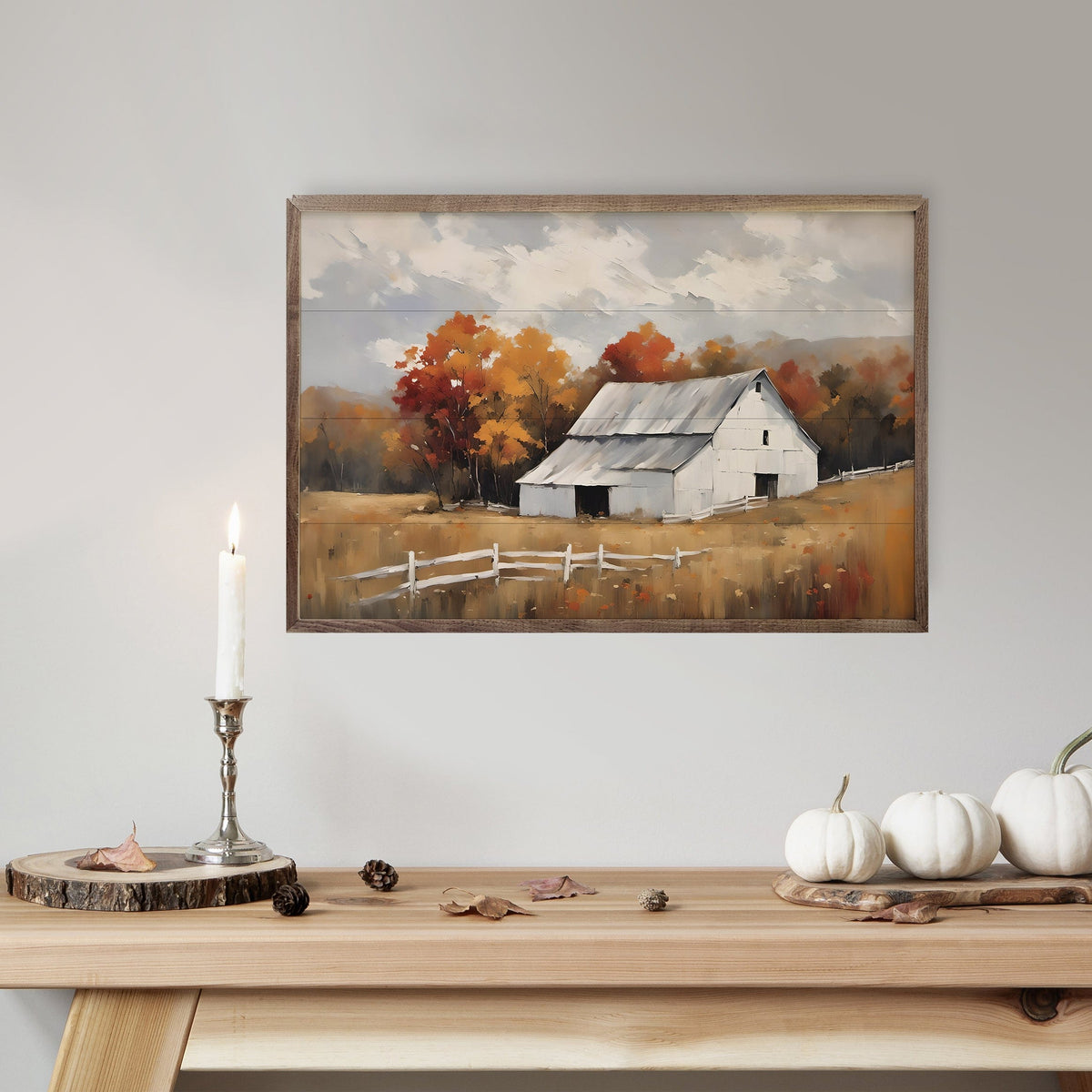 Kendrick Home Walnut Frames White Barn With White Fence Printed and Framed Wall Sign