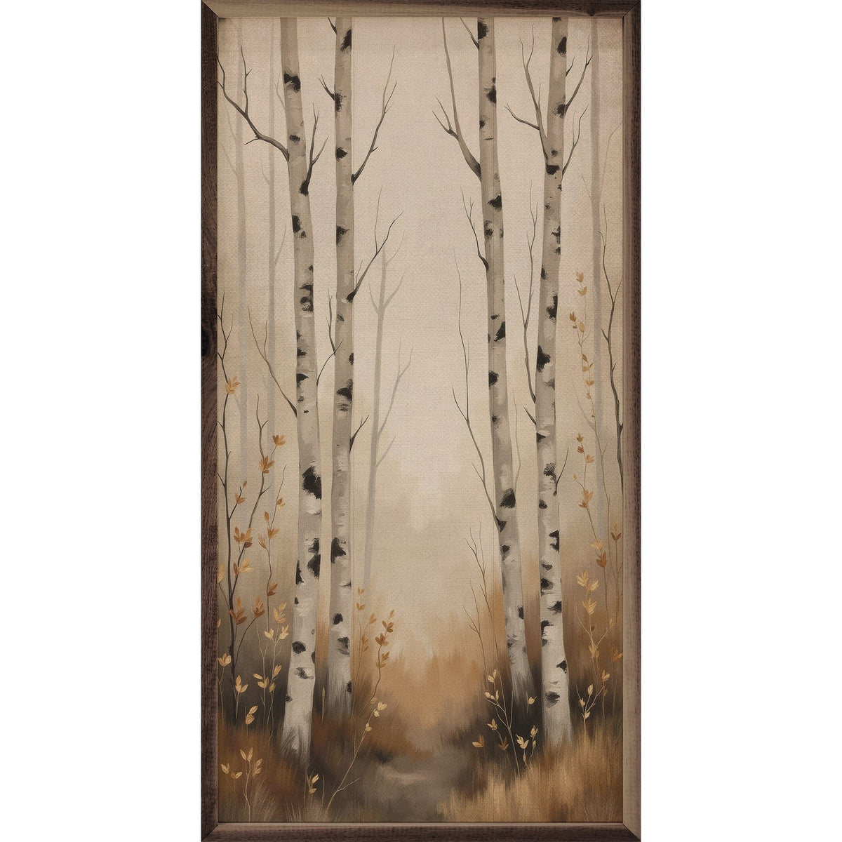 Kendrick Home Walnut Frames 8x16 White Birch Trees Autumn Scene Printed and Framed Wall Sign