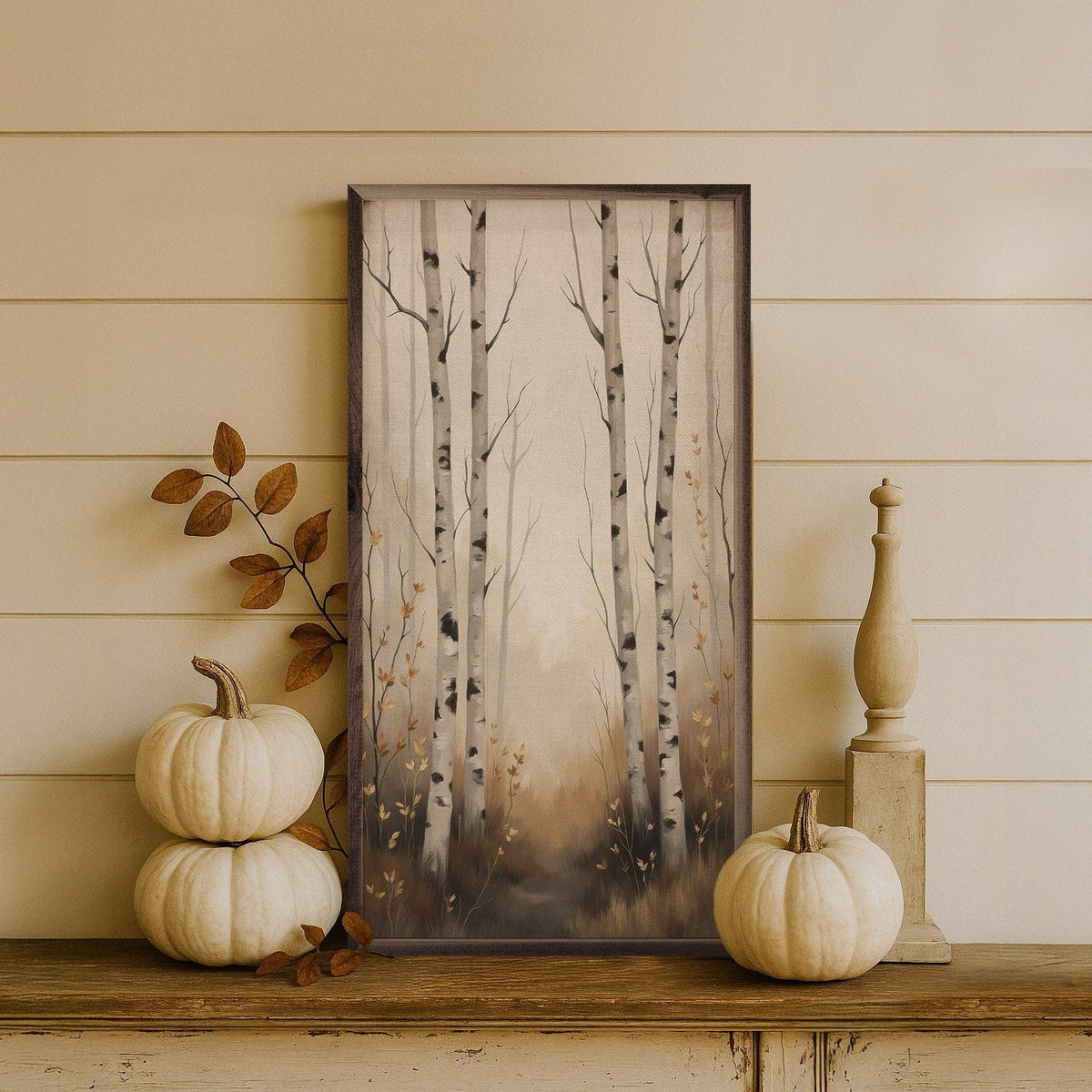 Kendrick Home Walnut Frames White Birch Trees Autumn Scene Printed and Framed Wall Sign