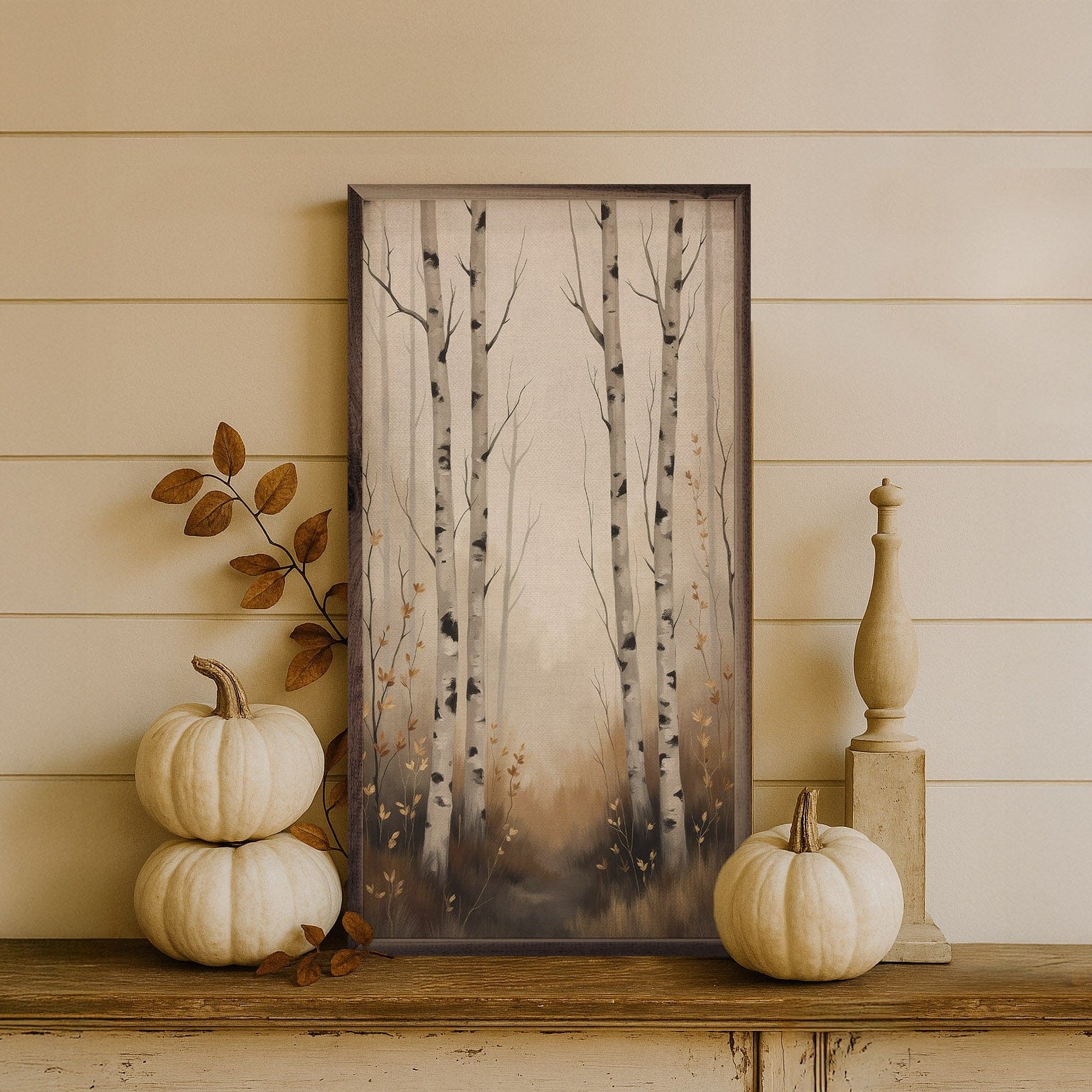 Kendrick Home Walnut Frames 8x16 White Birch Trees Autumn Scene Printed and Framed Wall Sign