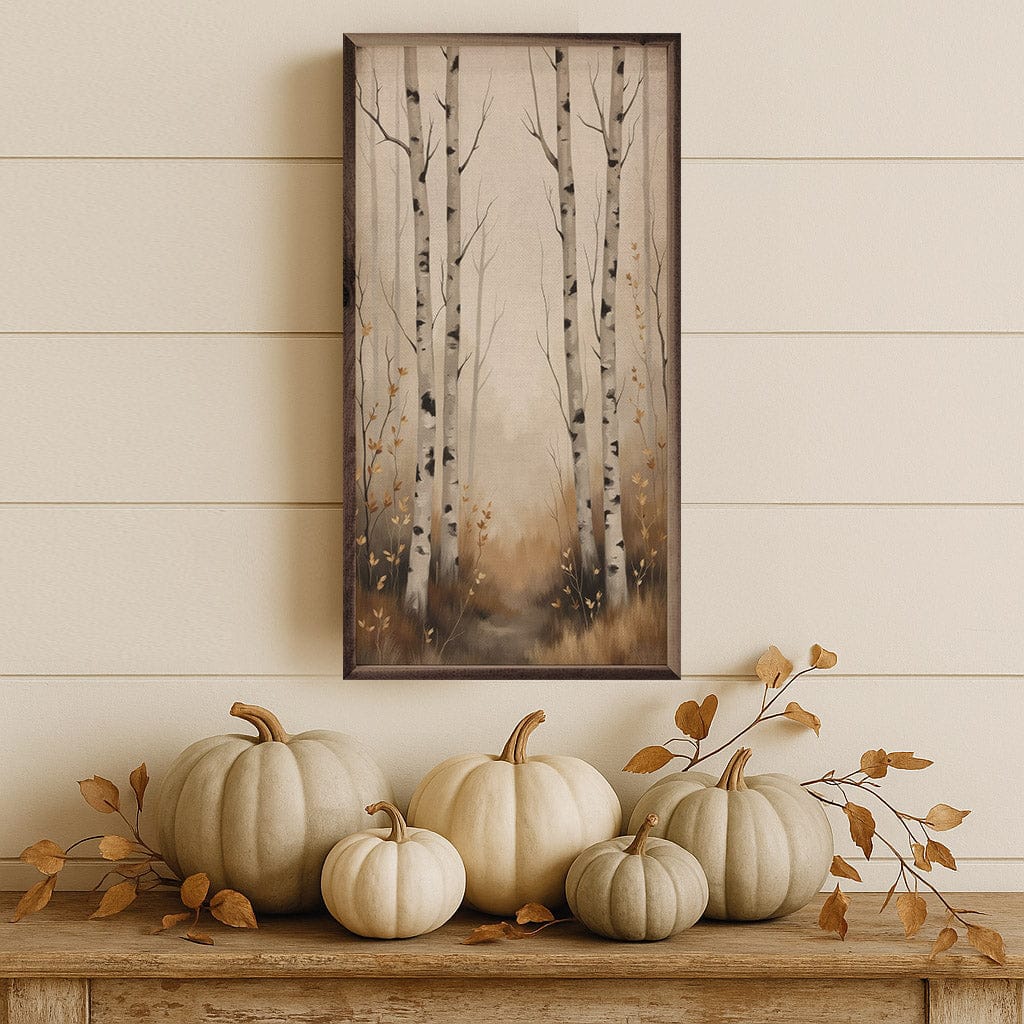 Kendrick Home Walnut Frames White Birch Trees Autumn Scene Printed and Framed Wall Sign