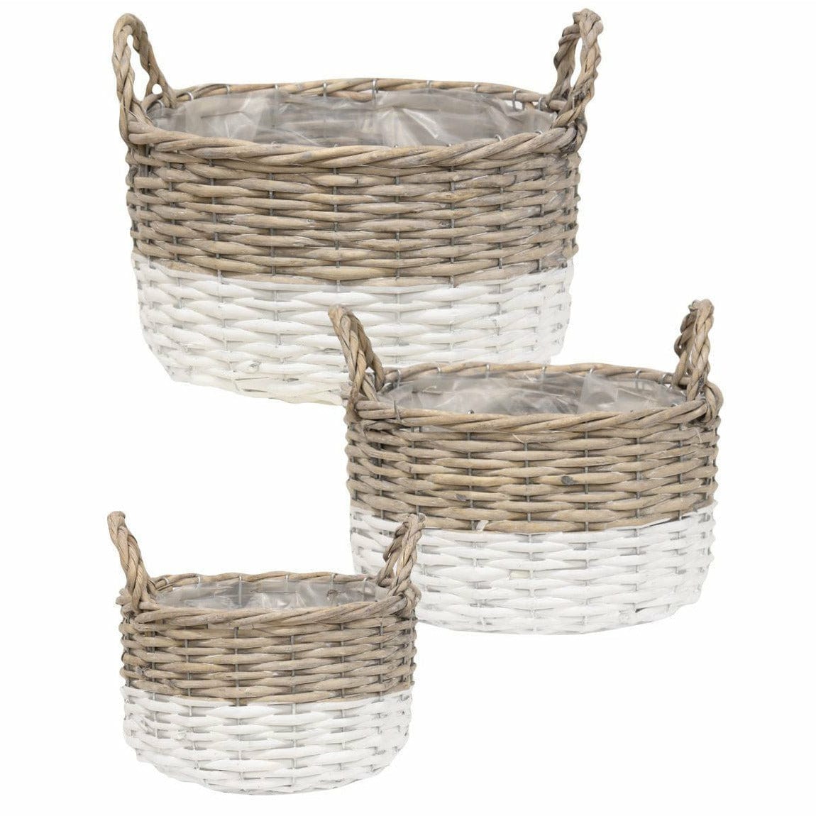 White Dipped Willow Bushel Basket Planters - Set of 3 - Loop Handles-Craft Wholesalers-The Village Merchant