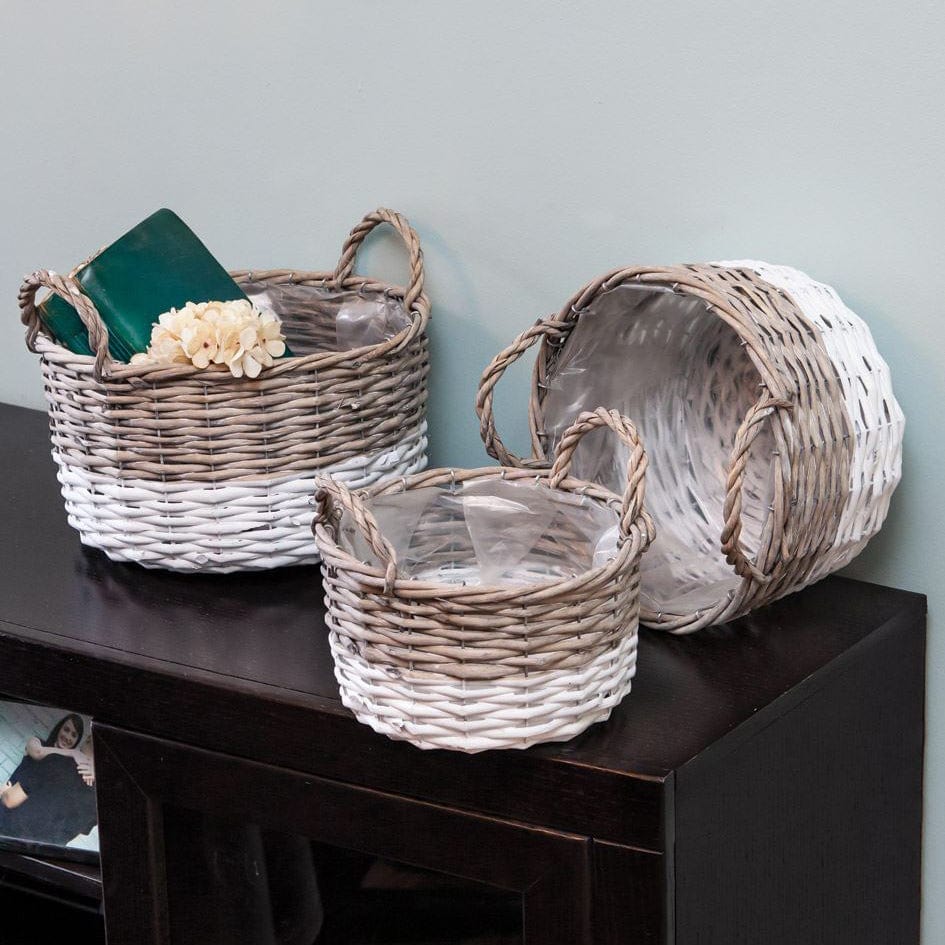 White Dipped Willow Bushel Basket Planters - Set of 3 - Loop Handles-Craft Wholesalers-The Village Merchant