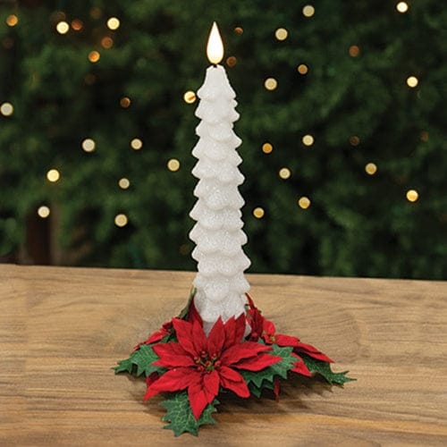 White Glittered Christmas Tree LED Battery Candle Light Taper With Moving Flame