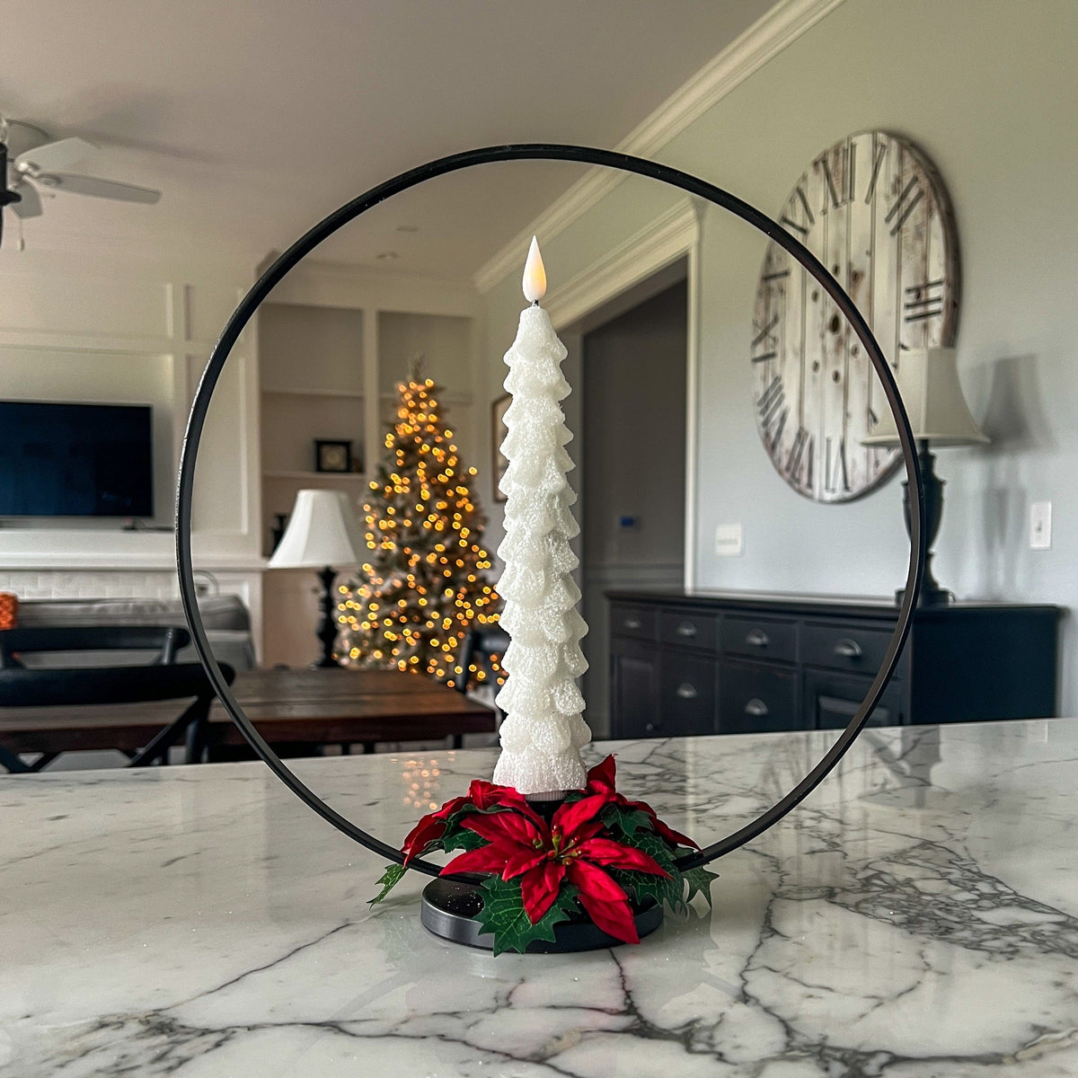 White Glittered Christmas Tree LED Battery Candle Light Taper With Moving Flame