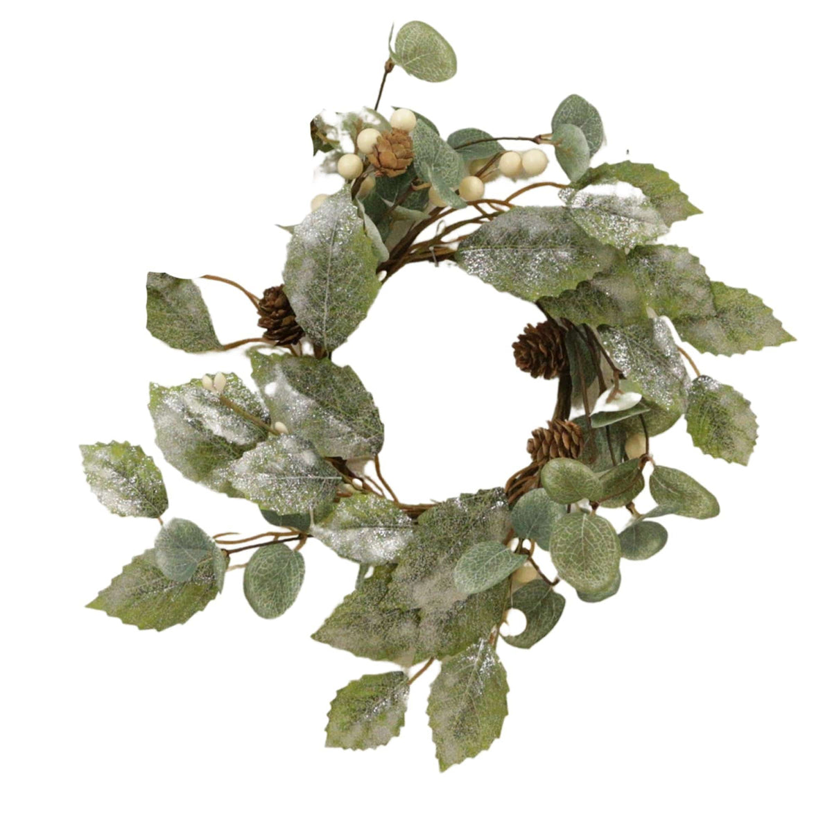 White Holly &amp; Pinecone Candle Ring / Mini Wreath 4.5&quot; Inner Diameter