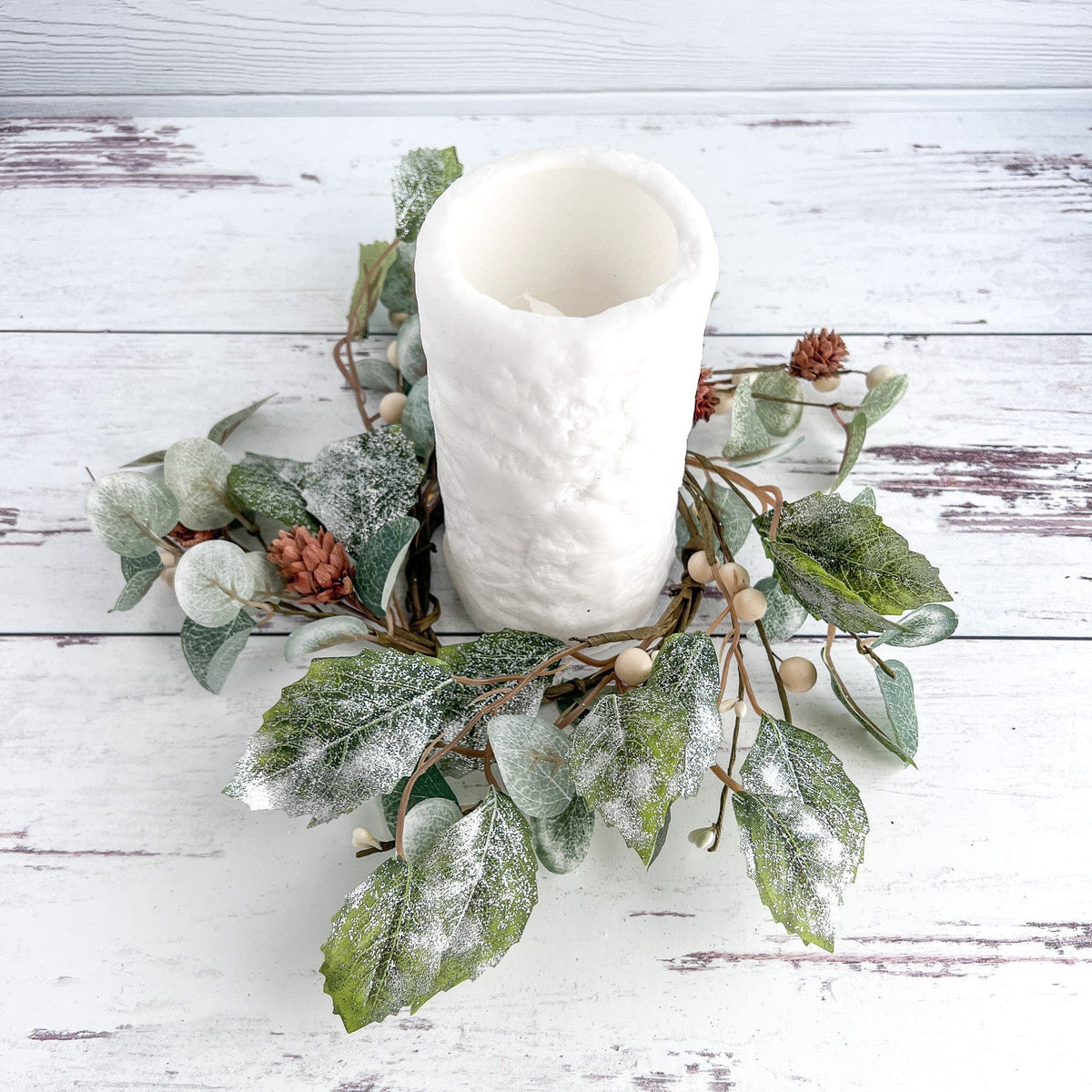 White Holly &amp; Pinecone Candle Ring / Mini Wreath 4.5&quot; Inner Diameter