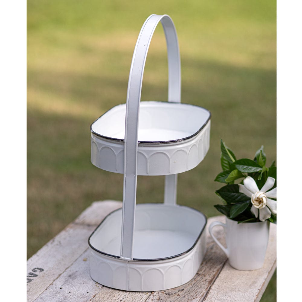 White Metal Two Tiered Corrugated Oval Caddy / Tray / Stand With Handle-CTW Home-The Village Merchant