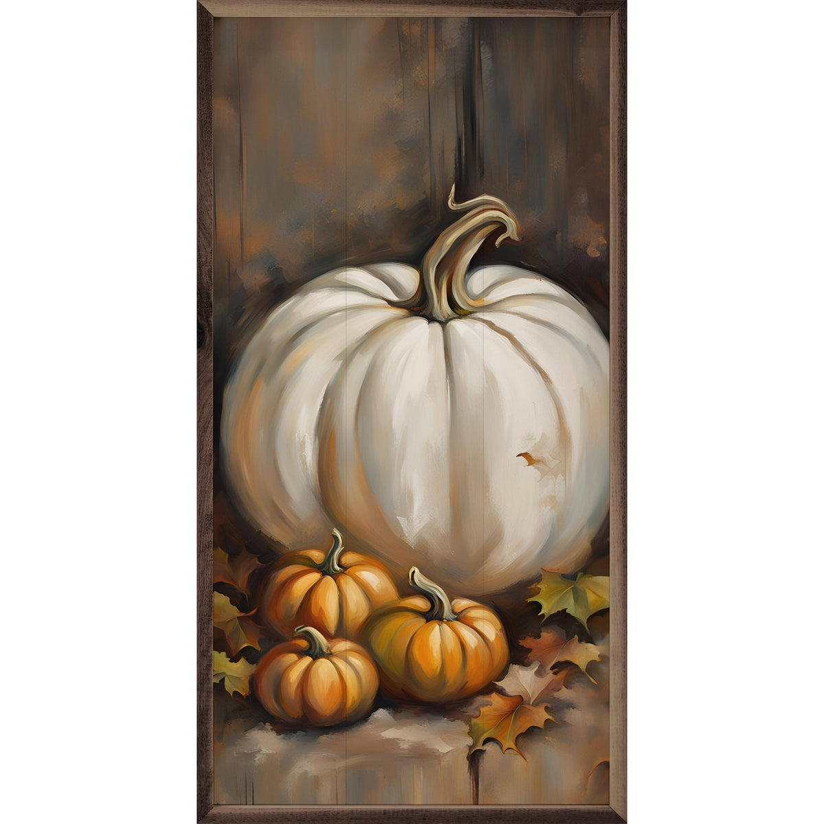Kendrick Home Walnut Frames 8x16 White Pumpkin And Small Orange Printed and Framed Wall Sign