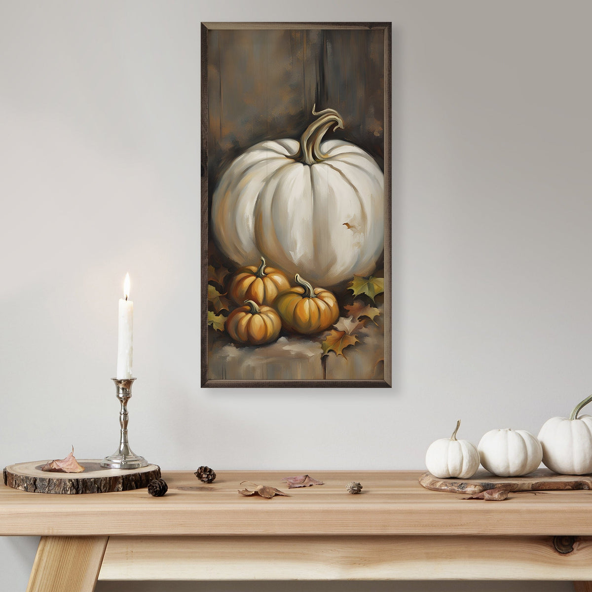 Kendrick Home Walnut Frames White Pumpkin And Small Orange Printed and Framed Wall Sign