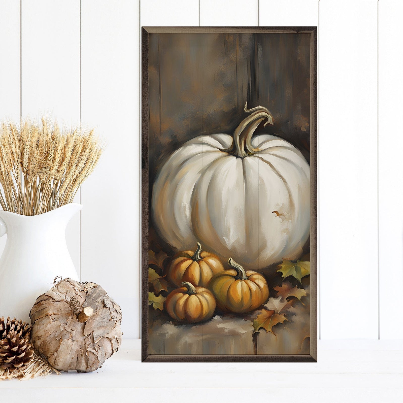 Kendrick Home Walnut Frames 8x16 White Pumpkin And Small Orange Printed and Framed Wall Sign